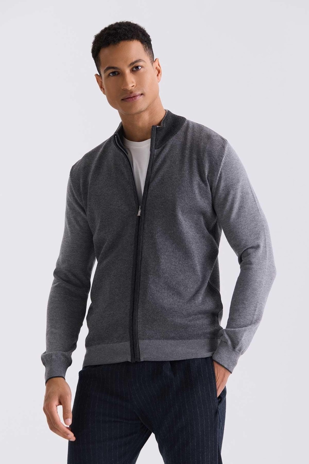 Jakamen Gri Slim Fit Fermuarlı Triko Hırka görsel 5
