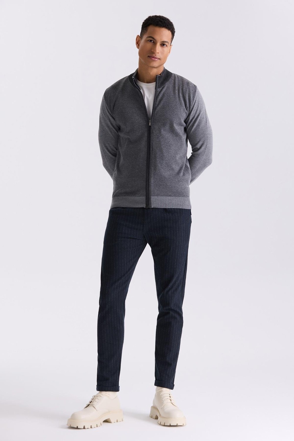 Jakamen Gri Slim Fit Fermuarlı Triko Hırka görsel 6