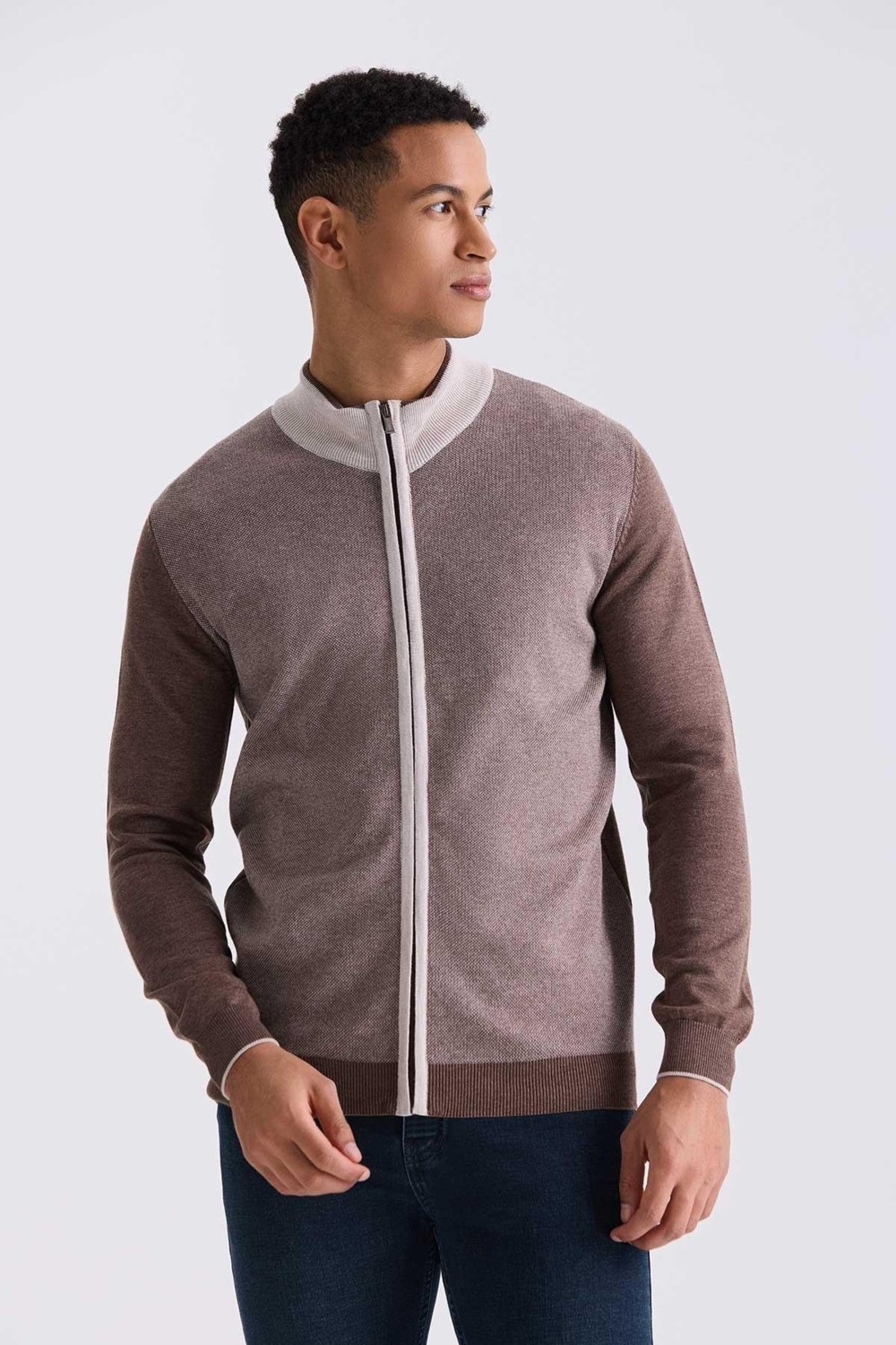 Jakamen Gri Slim Fit Fermuarlı Triko Hırka