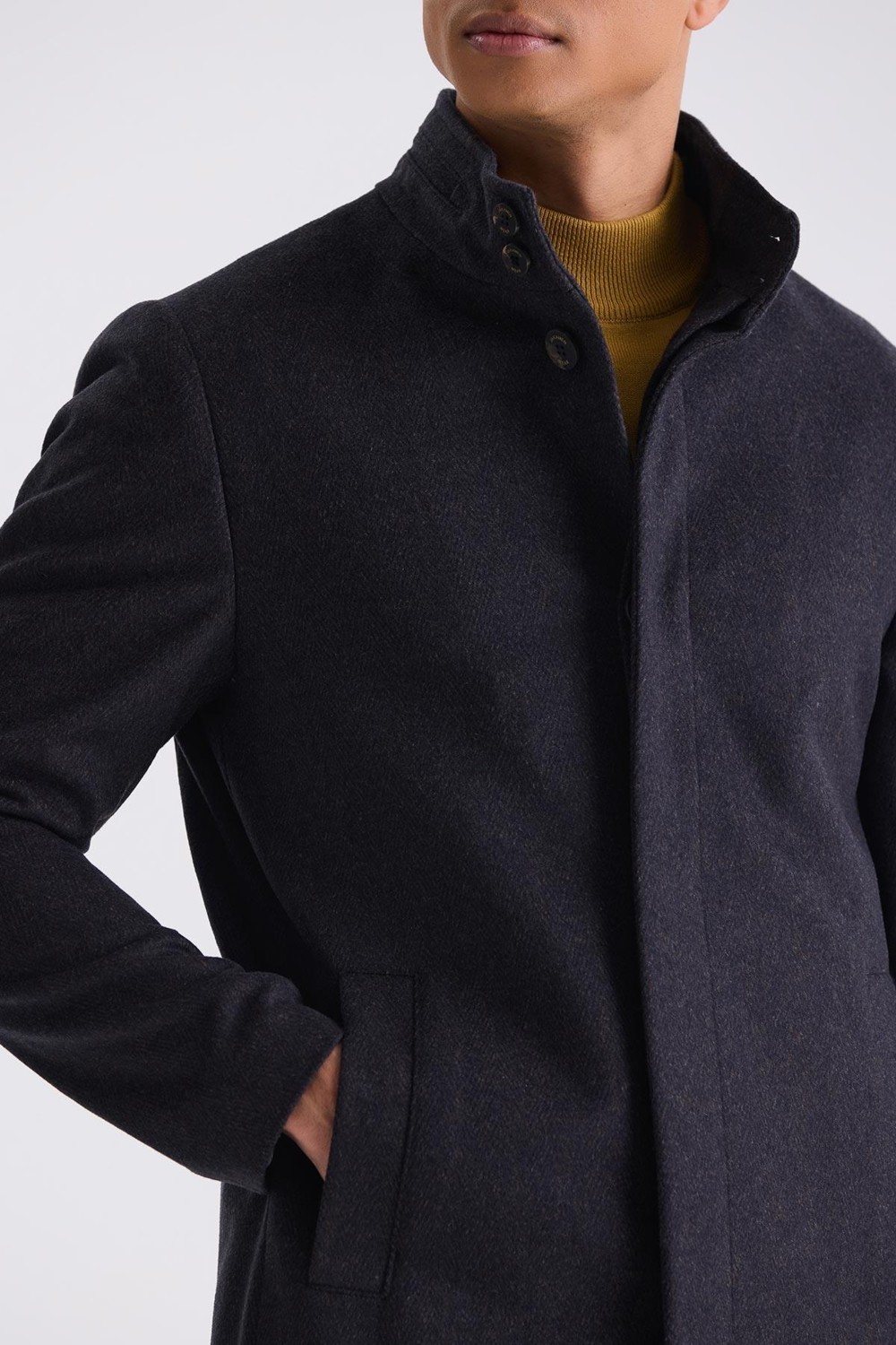Jakamen Koyu Lacivert1 Slim Fit Dik Yaka Balık Sırtı Desenli Yünlü Spor Kaban görsel 3