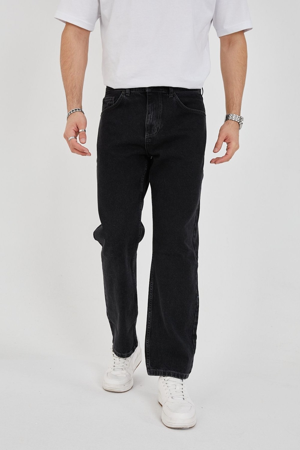 Enzim Jeans Erkek 100% Pamuk Baggy Kot Pantolon Yüksek Bel Özelliği ile Siyah Renkli Rahat Kesim