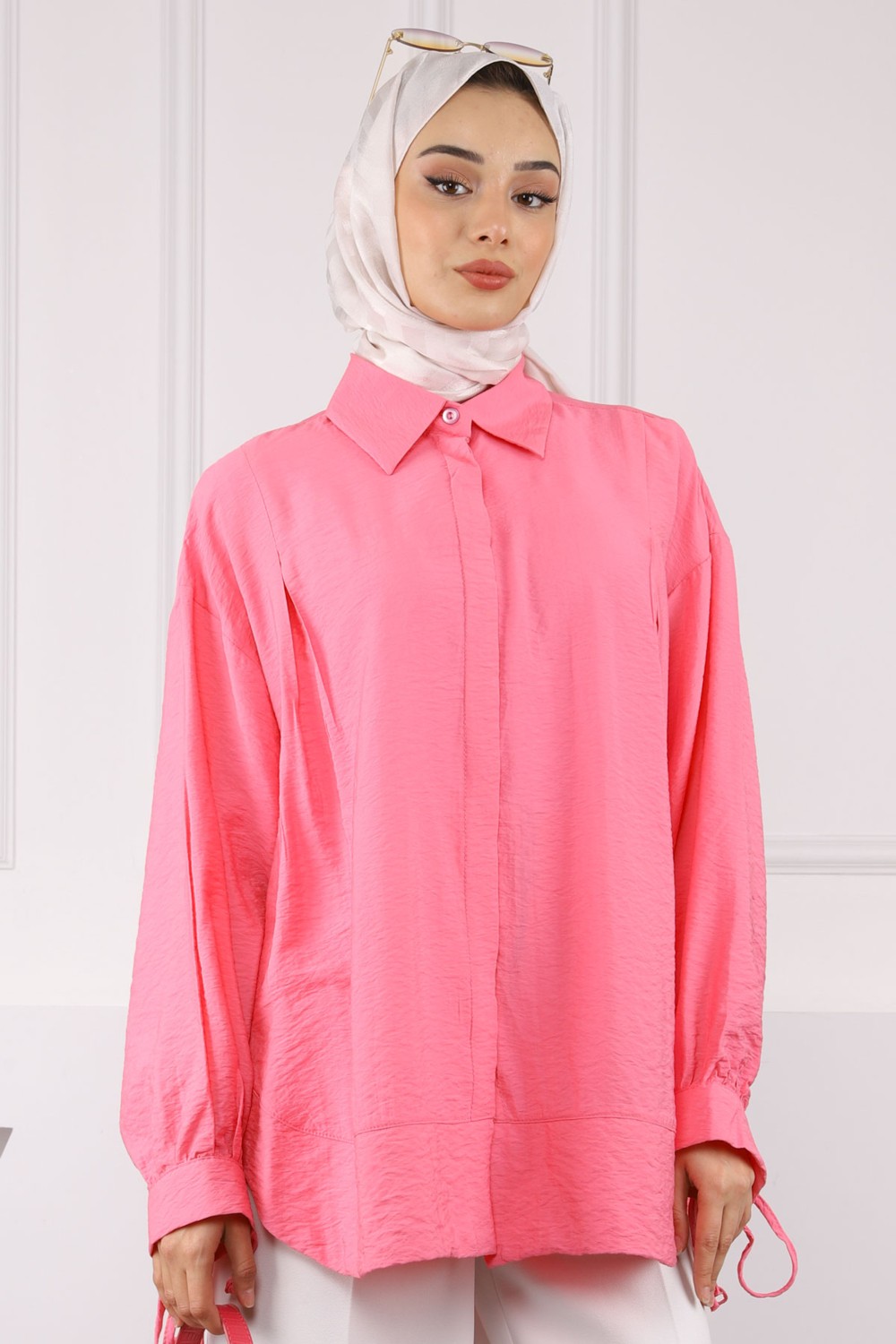 İmaj Butik Pembe Kol Bağlamalı Salaş Gömlek