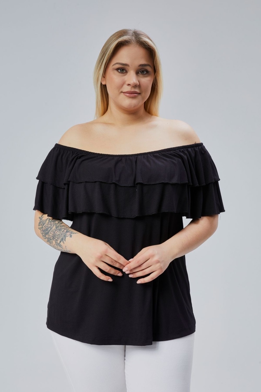 Curvy Trend Büyük Beden Madonna Yaka Viskon Bluz