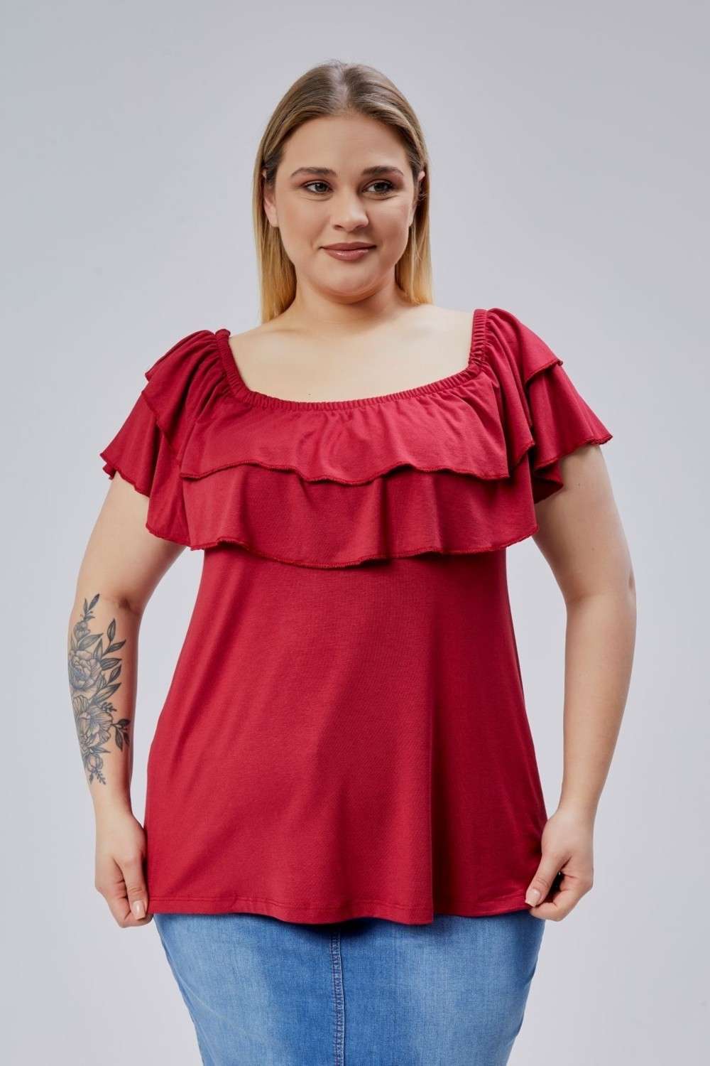 Curvy Trend Büyük Beden Madonna Yaka Viskon Bluz görsel 3