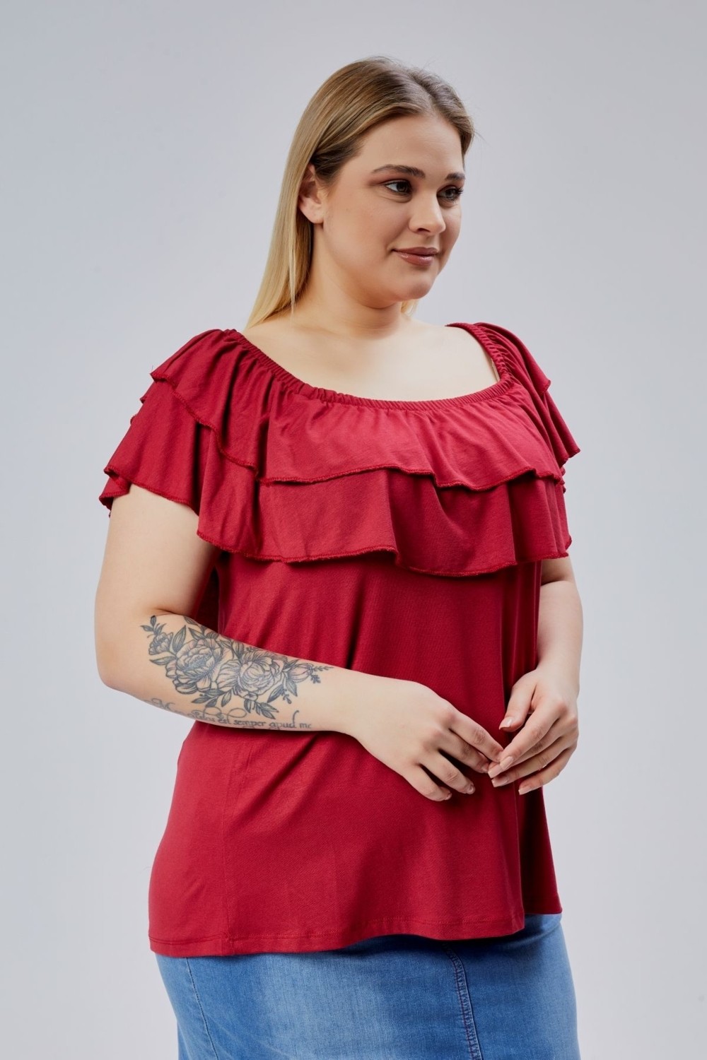Curvy Trend Büyük Beden Madonna Yaka Viskon Bluz görsel 4