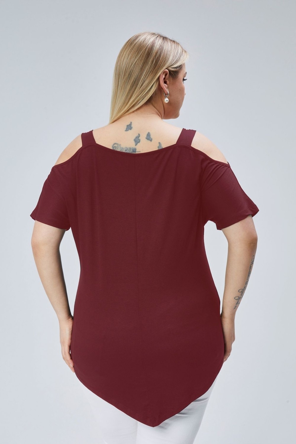 Curvy Trend Büyük Beden Yaka Şerit Omuz Dekolte Üçgen Etekli Bluz görsel 3