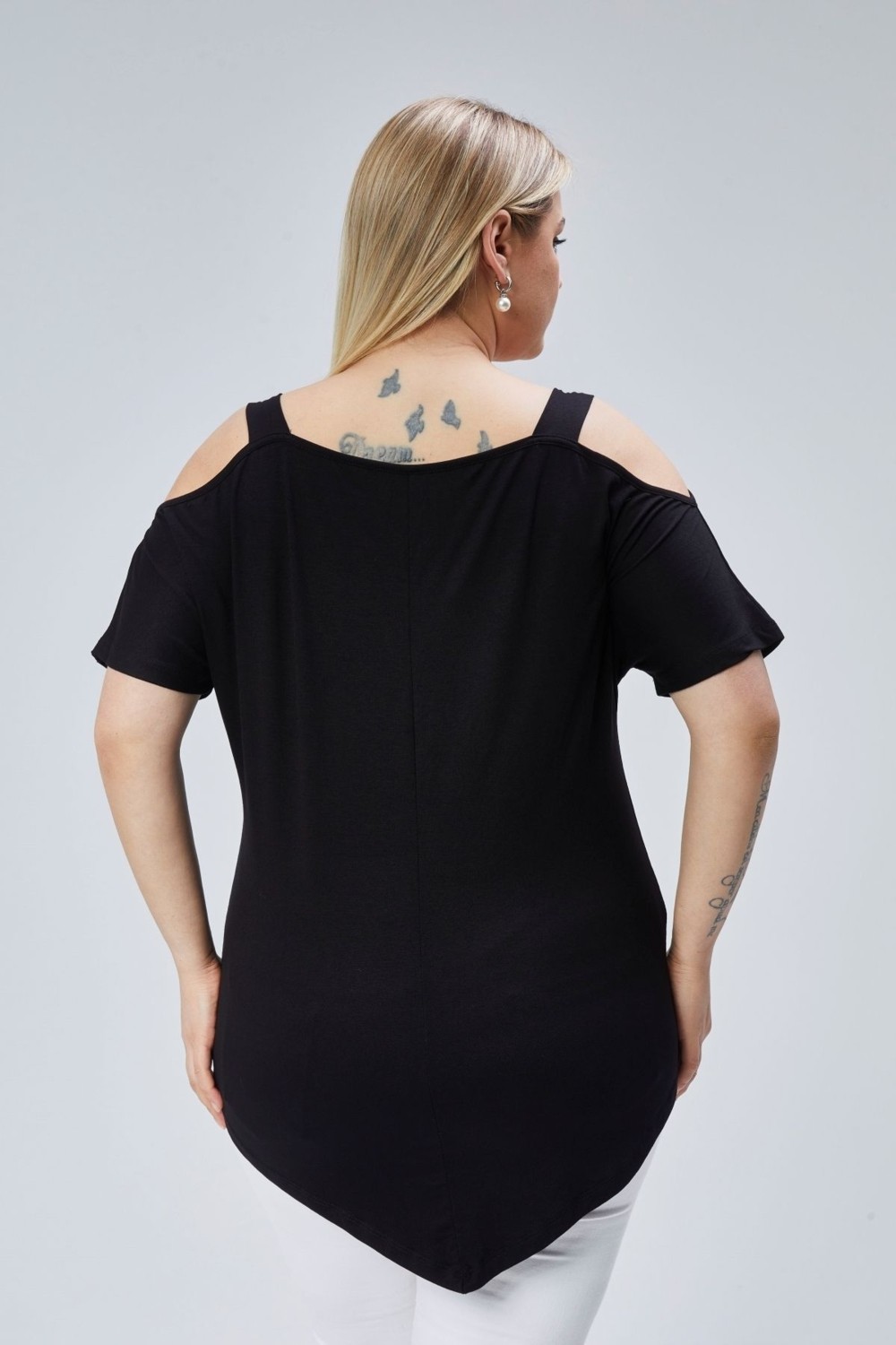 Curvy Trend Büyük Beden Yaka Şerit Omuz Dekolte Üçgen Etekli Bluz görsel 4