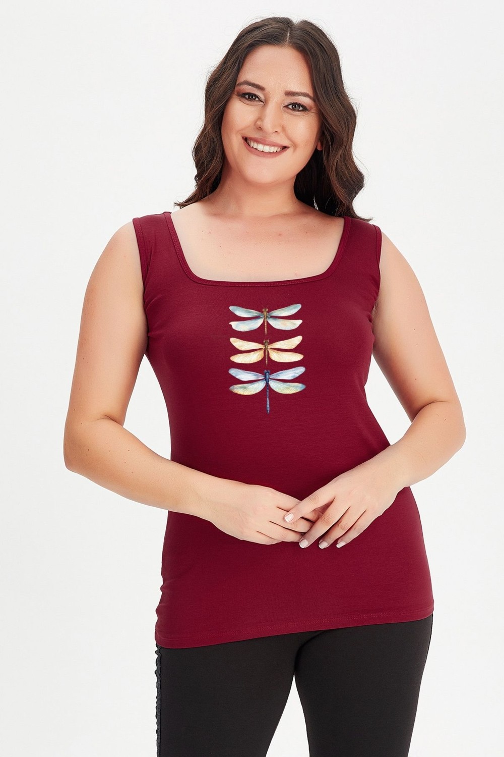 Curvy Trend Büyük Beden Dragonfly Baskılı Kare Yaka Kalın Askılı Atlet Bluz