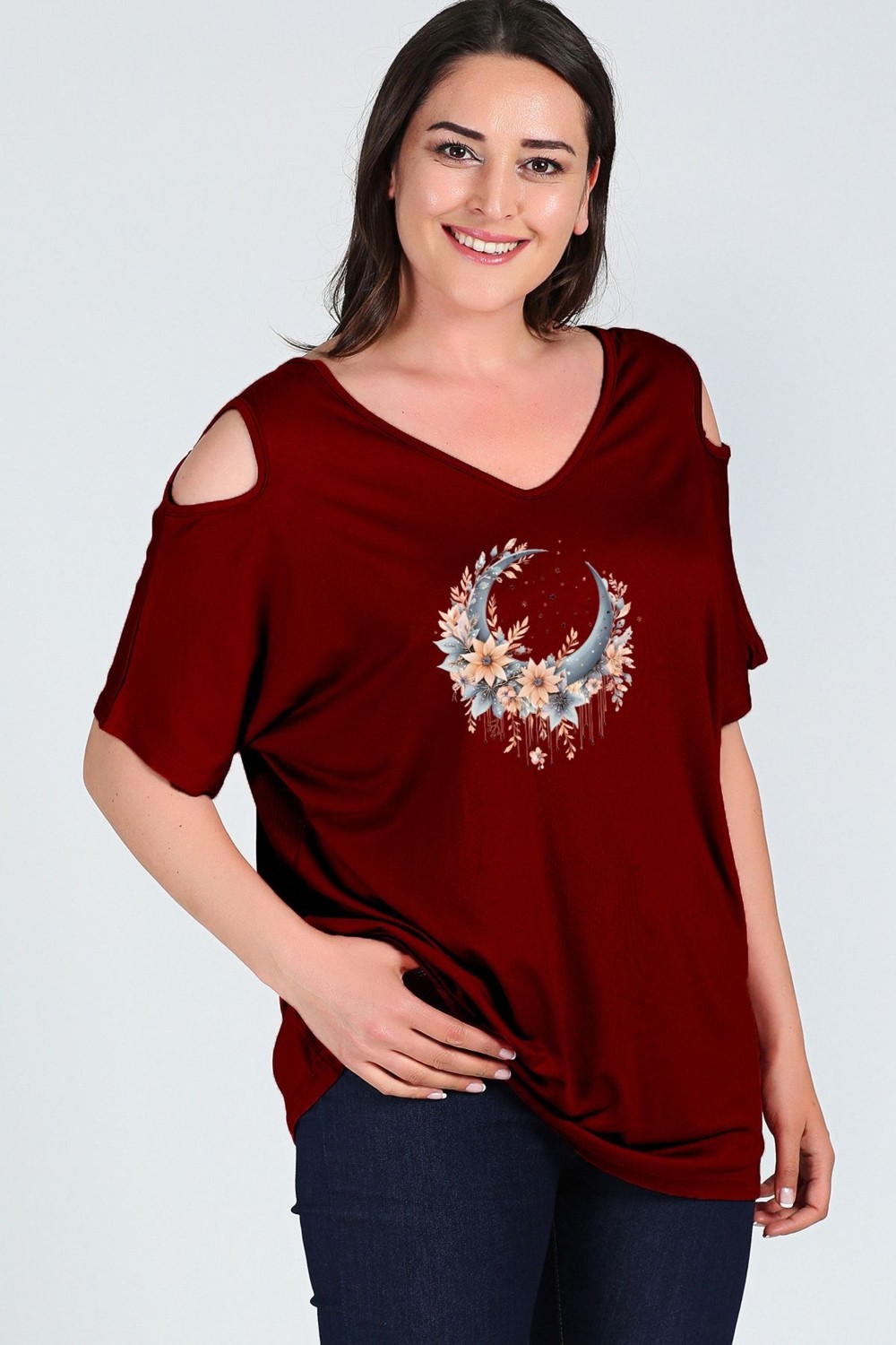 Curvy Trend Büyük Beden Boho Hilal Baskılı Omuzu V Pencere Kısa Kol Bluz