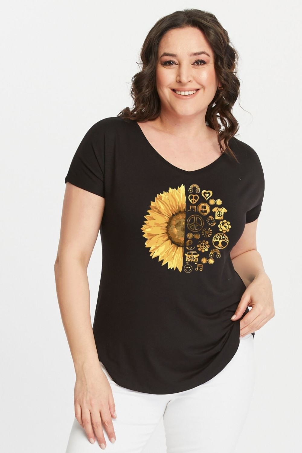 Curvy Trend Büyük Beden Sun Flower Baskılı Geniş V Yaka Kısa Kol Oval Yırtmaç Bluz