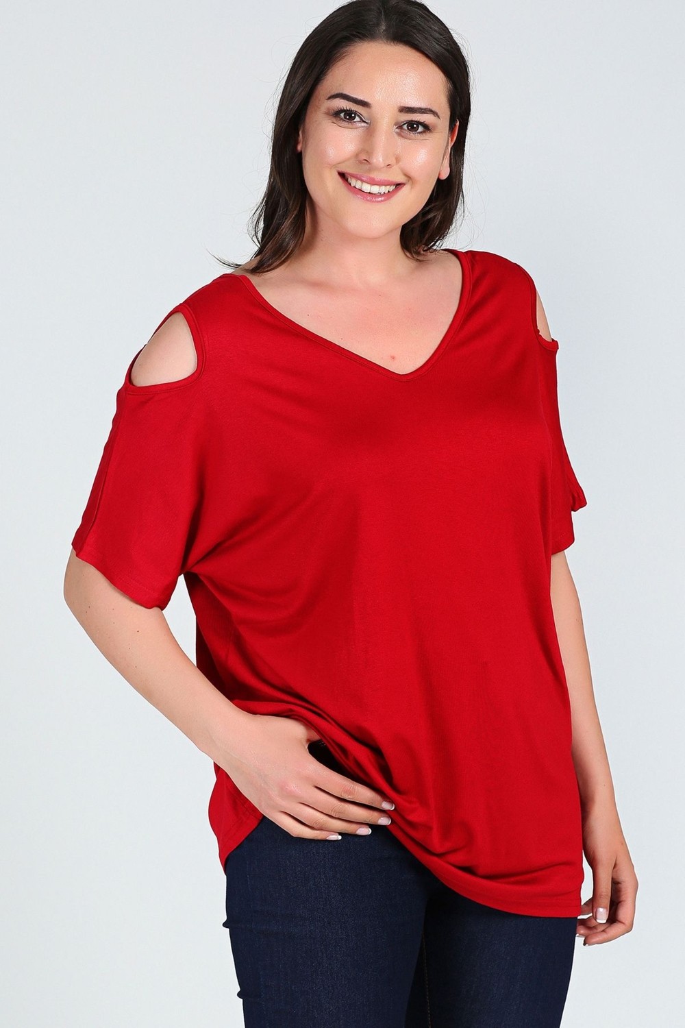 Curvy Trend Büyük Beden Omuzu V Pencere Kısa Kol Bluz