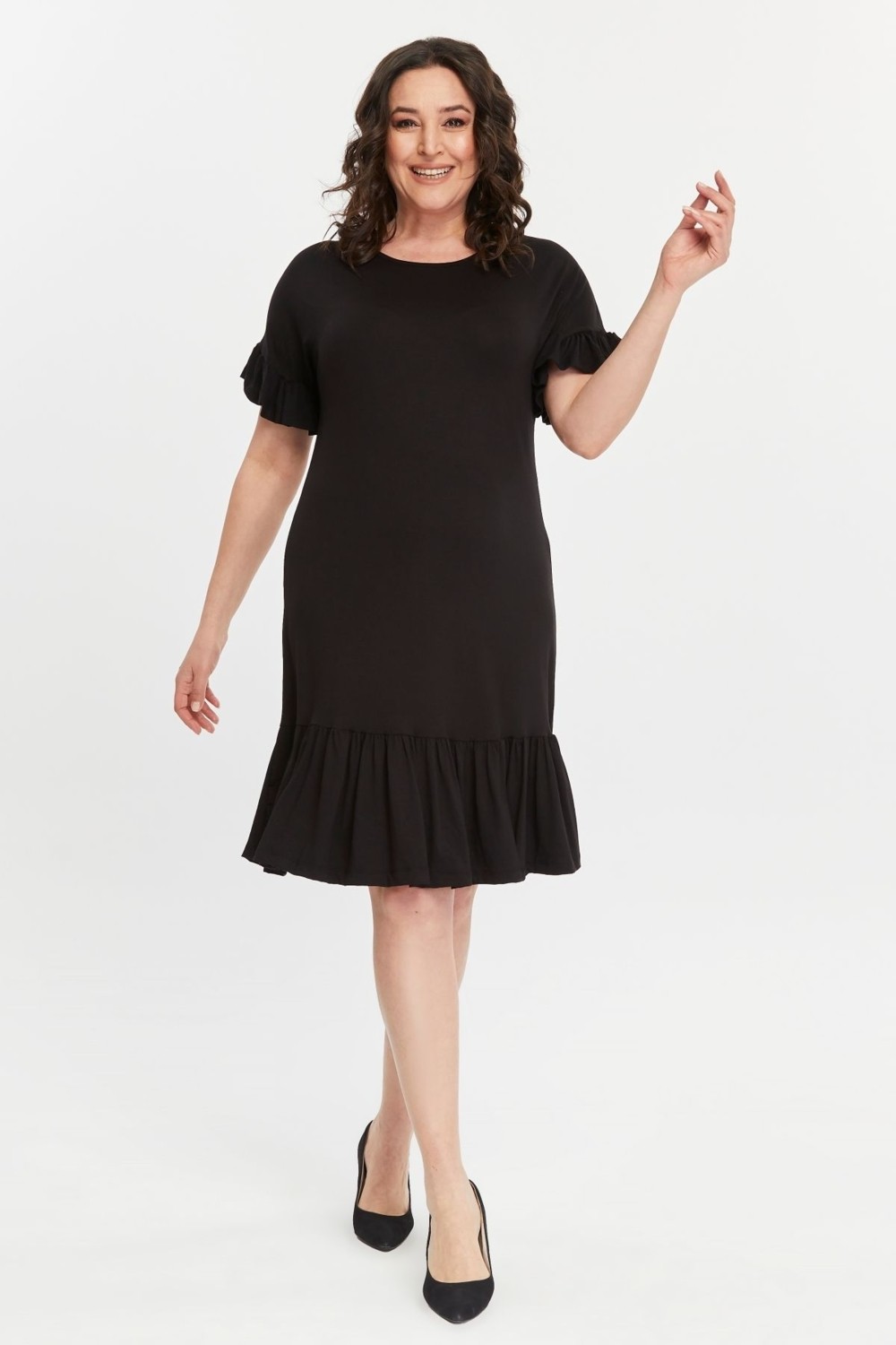 Curvy Trend Büyük Beden Siyah Kolucu Eteği Fırfır Viskon Elbise Günlük Kullanım İçin Rahat Stil görsel 2