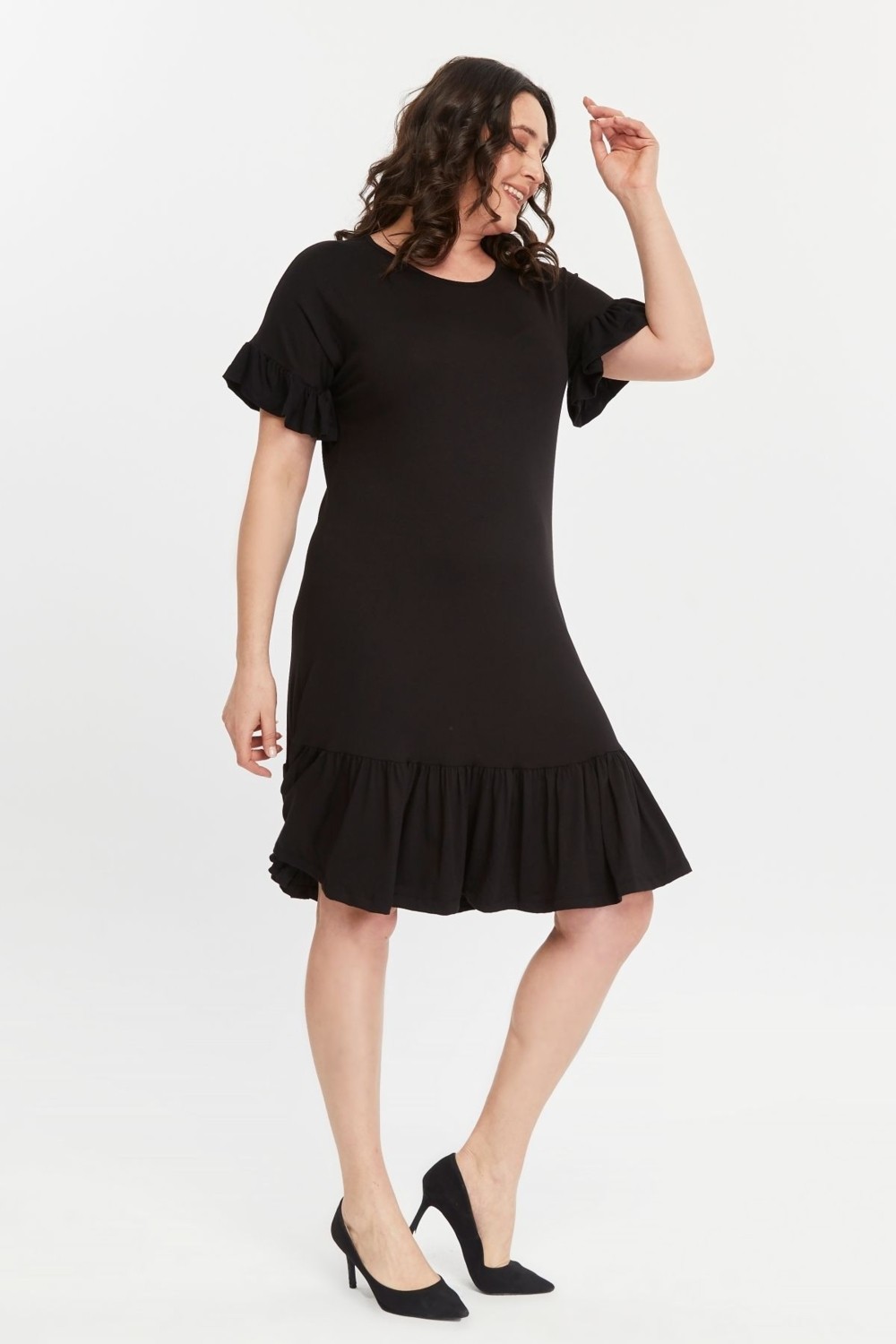 Curvy Trend Büyük Beden Siyah Kolucu Eteği Fırfır Viskon Elbise Günlük Kullanım İçin Rahat Stil görsel 3