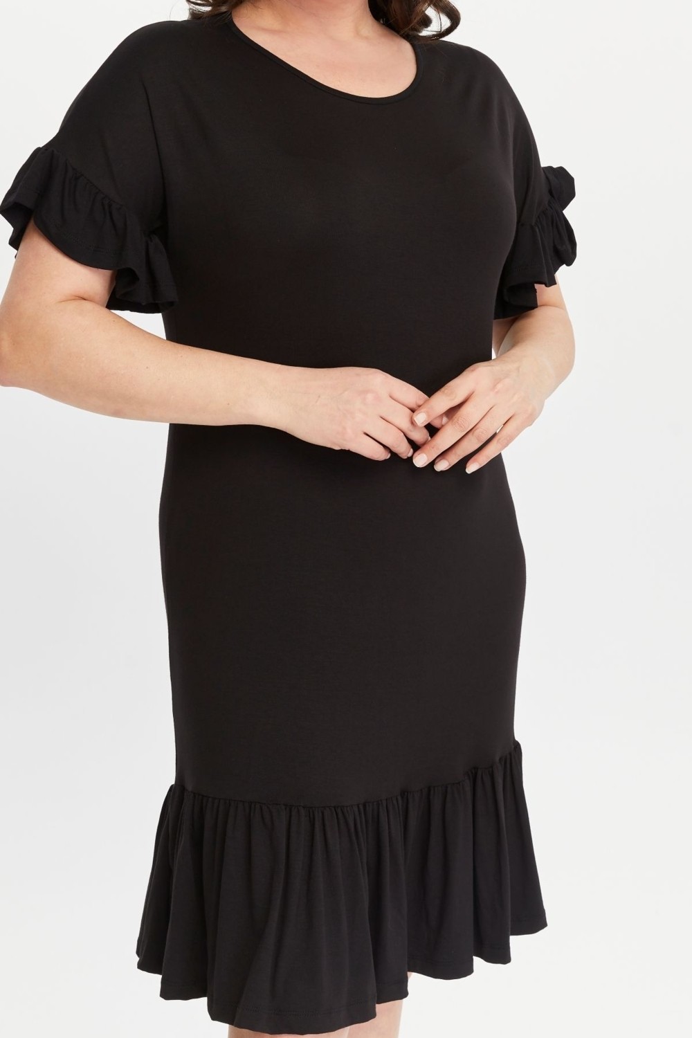 Curvy Trend Büyük Beden Siyah Kolucu Eteği Fırfır Viskon Elbise Günlük Kullanım İçin Rahat Stil görsel 4