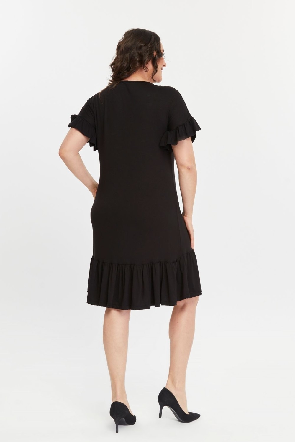 Curvy Trend Büyük Beden Siyah Kolucu Eteği Fırfır Viskon Elbise Günlük Kullanım İçin Rahat Stil görsel 5