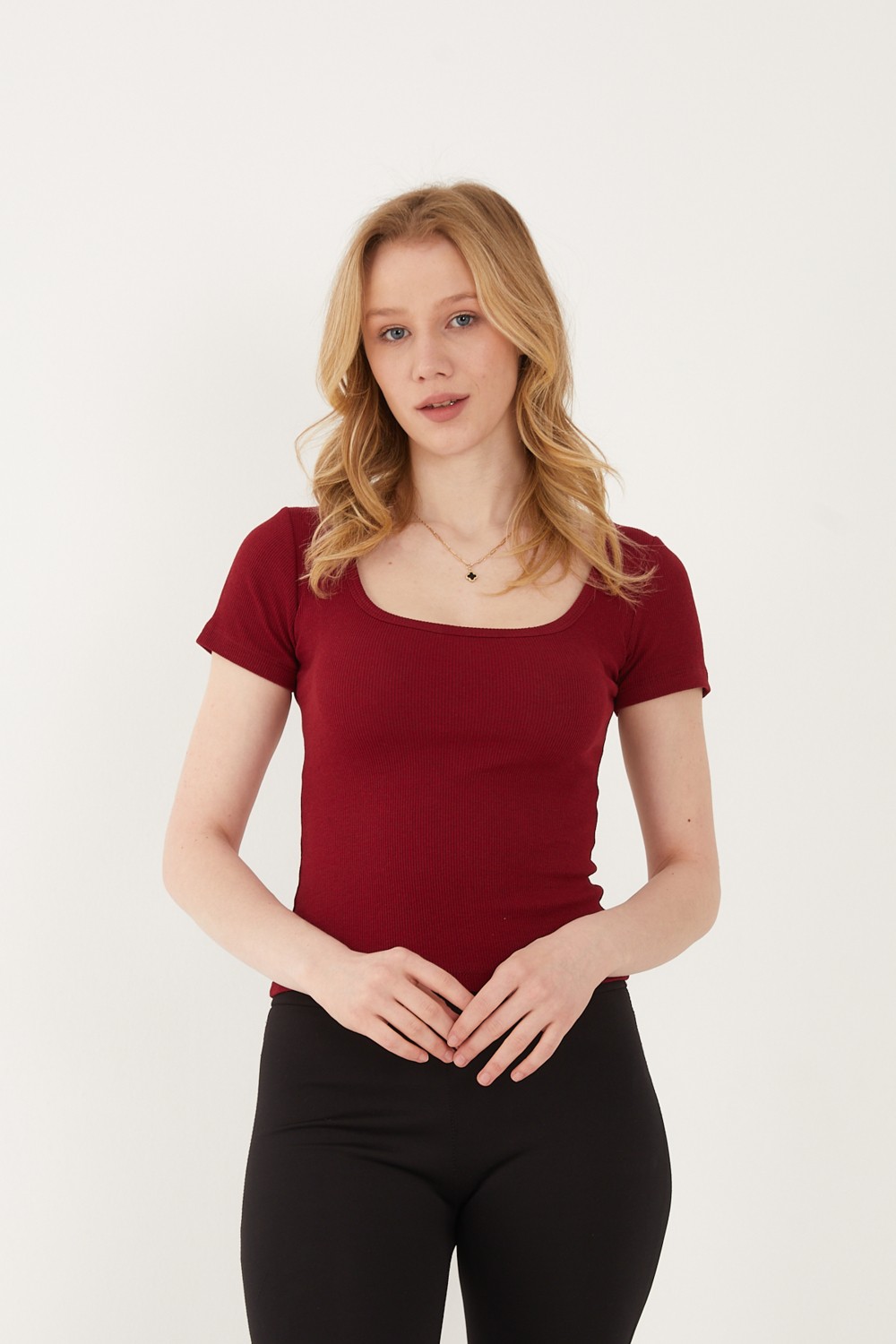 Wearflawless Kadın 2'li Adet Kısa Kollu Fitilli U Yaka Pamuklu Örme Kaşkorse T-Shirt Bluz görsel 2