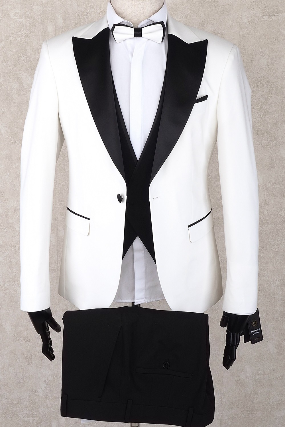 Jan Carlucci Slim Fit Saten Sivri Yaka-Çift Yırtmaç Beyaz Drop 6 Damatlık Smokin - Full Set Yelek, Gömlek, Papyon görsel 2