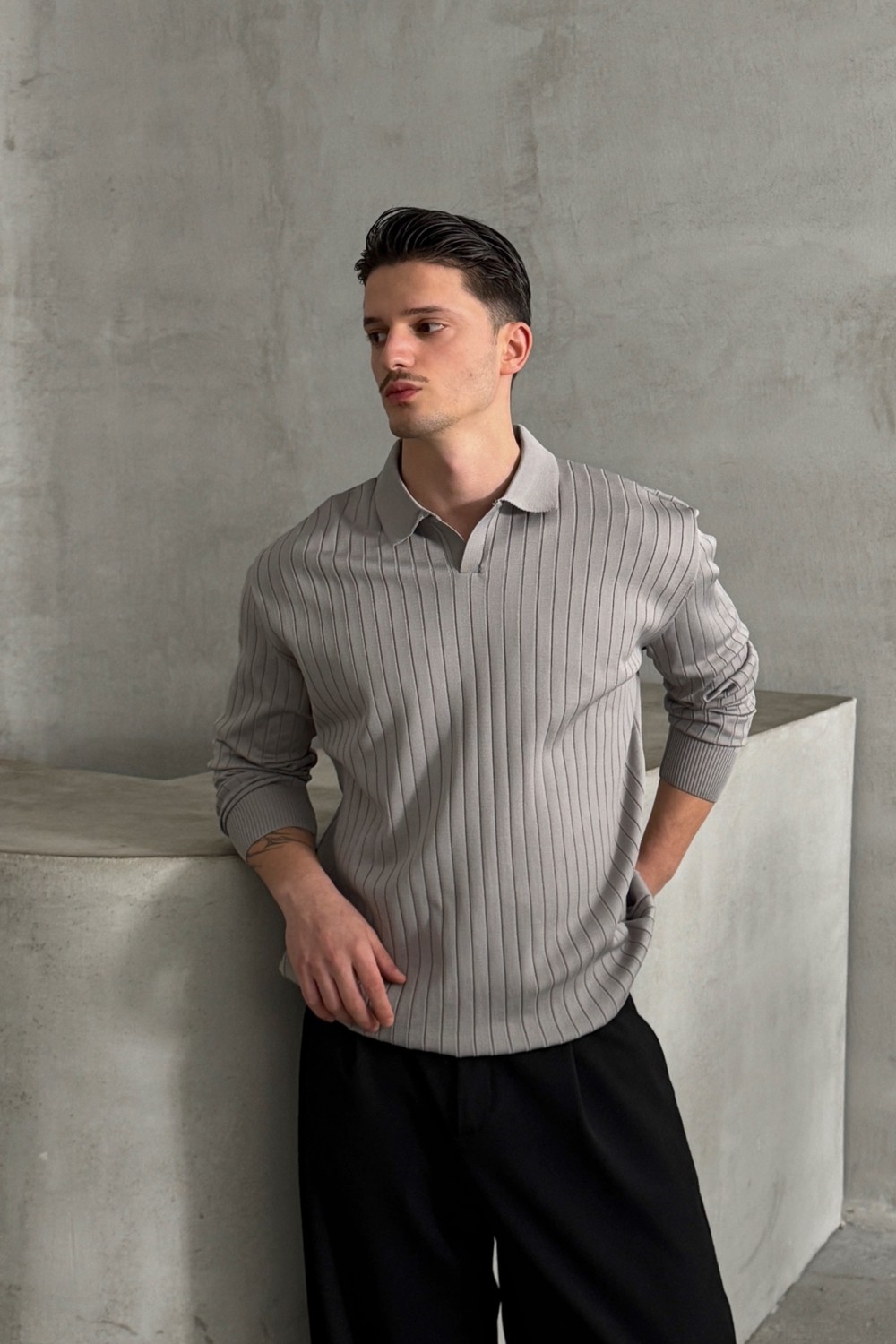 HYMAN Erkek Polo Yaka Fitilli Oversize Triko Kazak görsel 6