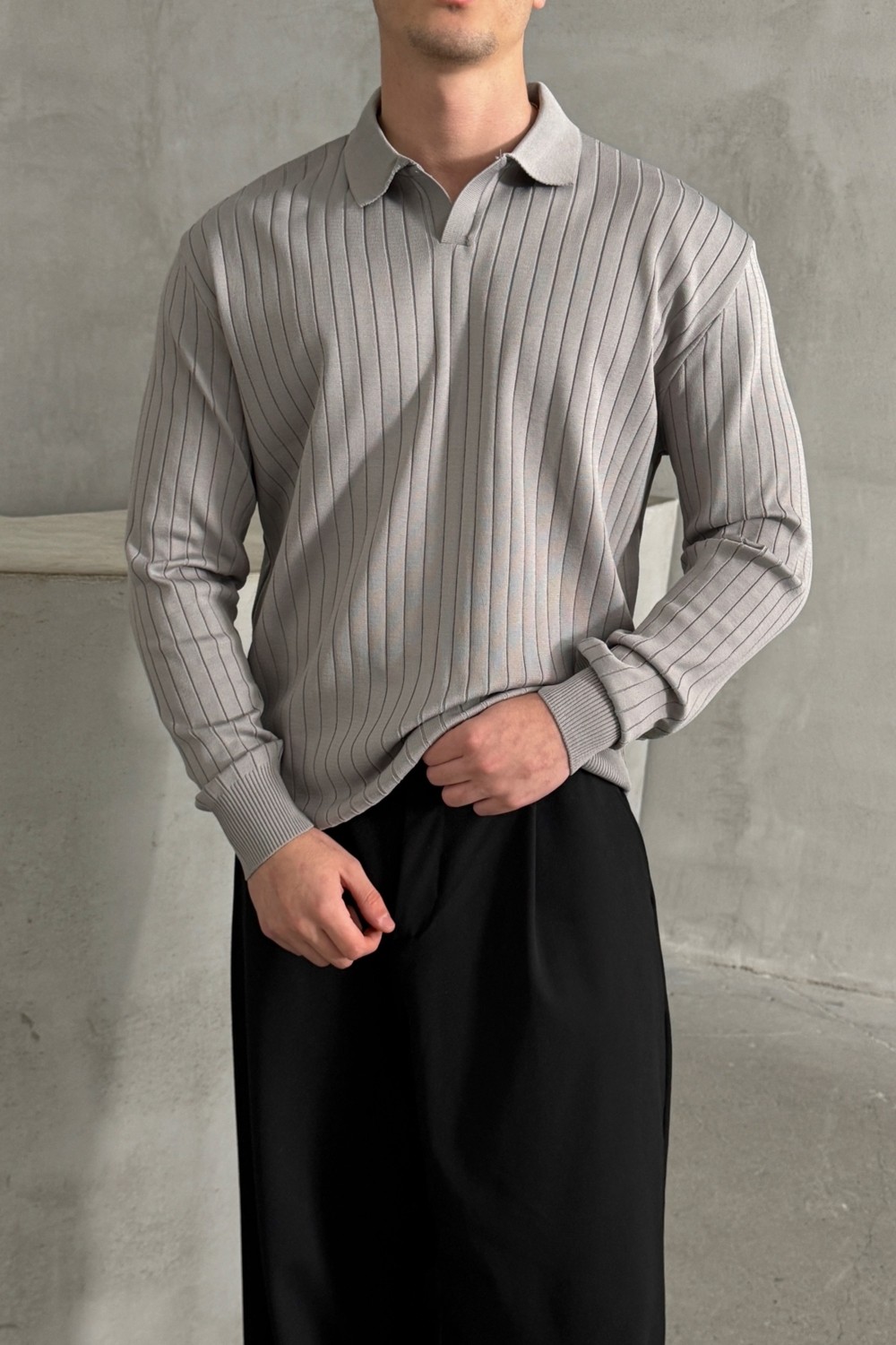 HYMAN Erkek Polo Yaka Fitilli Oversize Triko Kazak görsel 7