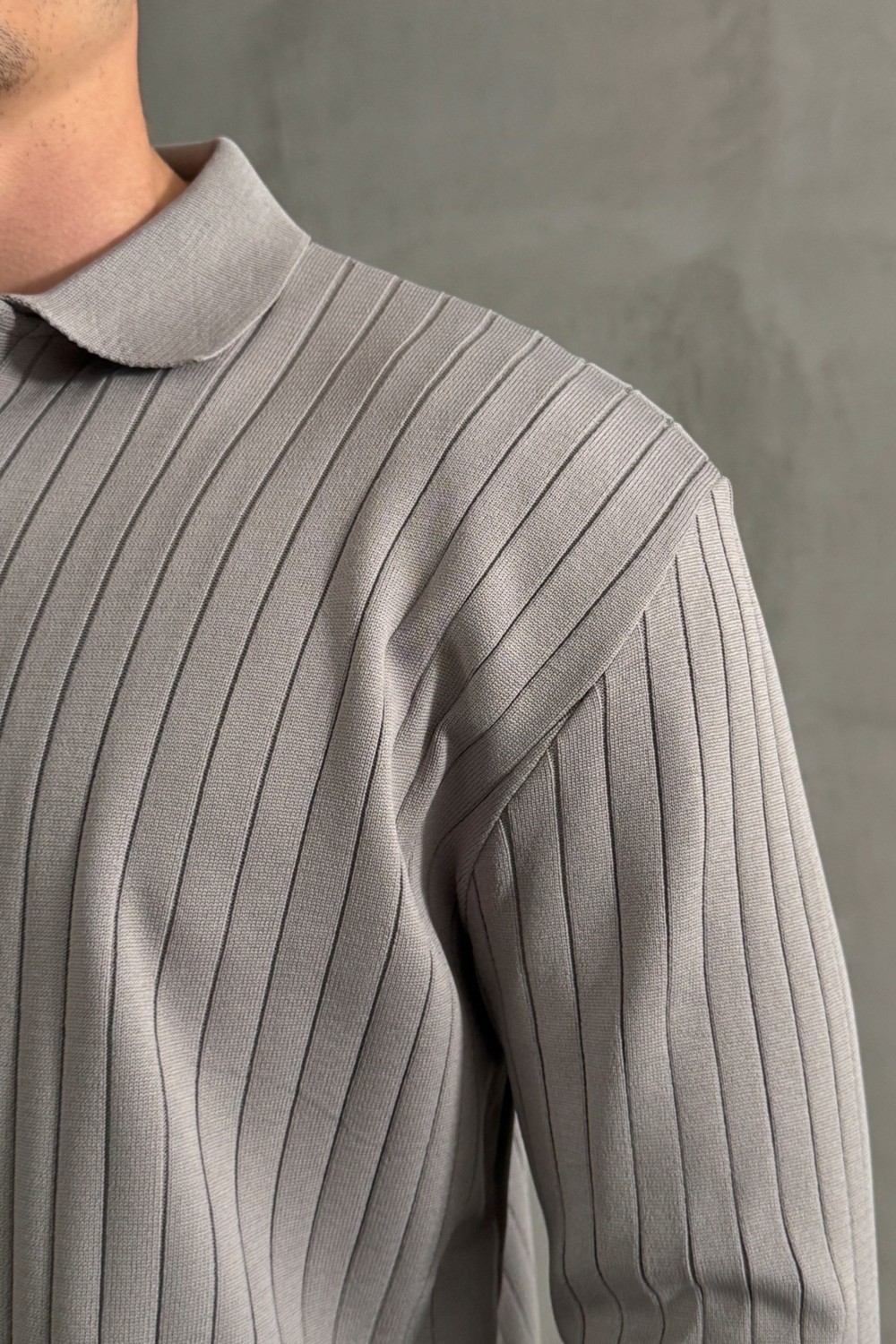 HYMAN Erkek Polo Yaka Fitilli Oversize Triko Kazak görsel 8