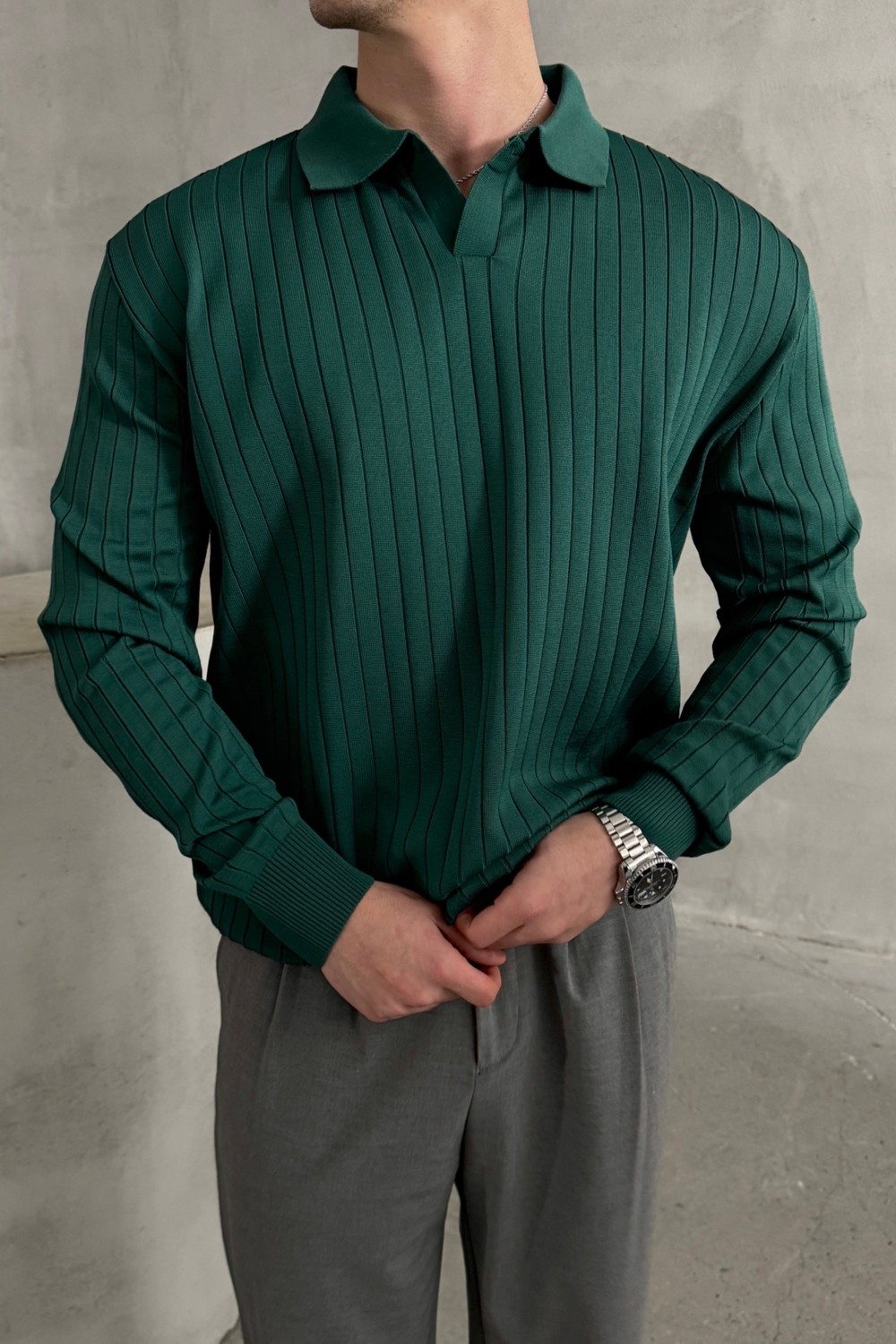 HYMAN Erkek Polo Yaka Fitilli Oversize Triko Kazak
