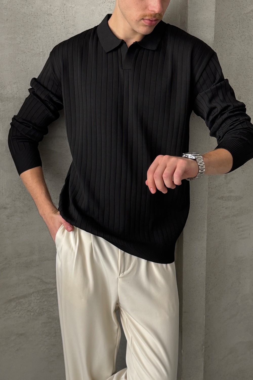 HYMAN Erkek Polo Yaka Fitilli Oversize Triko Kazak