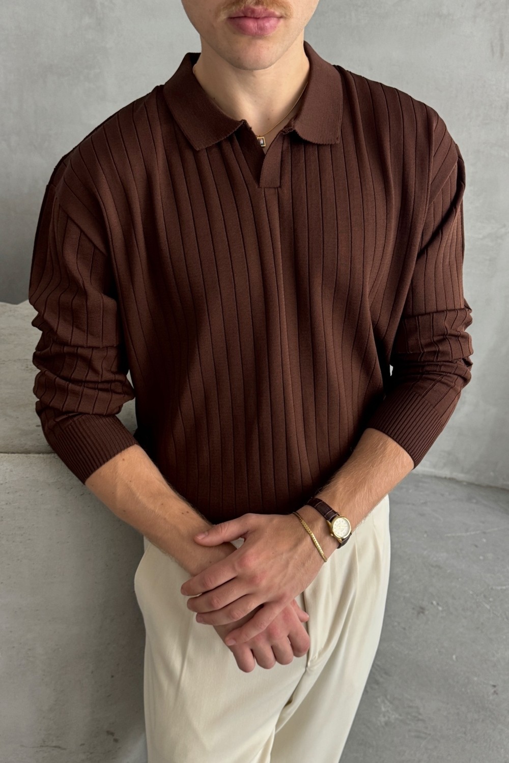 HYMAN Erkek Polo Yaka Fitilli Oversize Triko Kazak