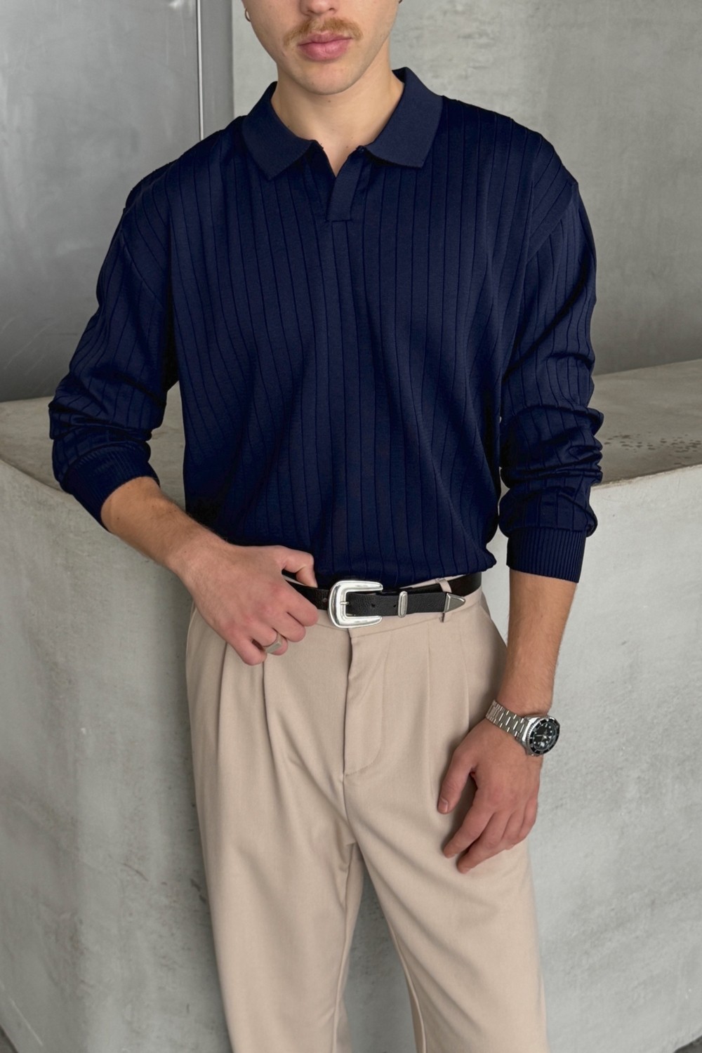 HYMAN Erkek Polo Yaka Fitilli Oversize Triko Kazak