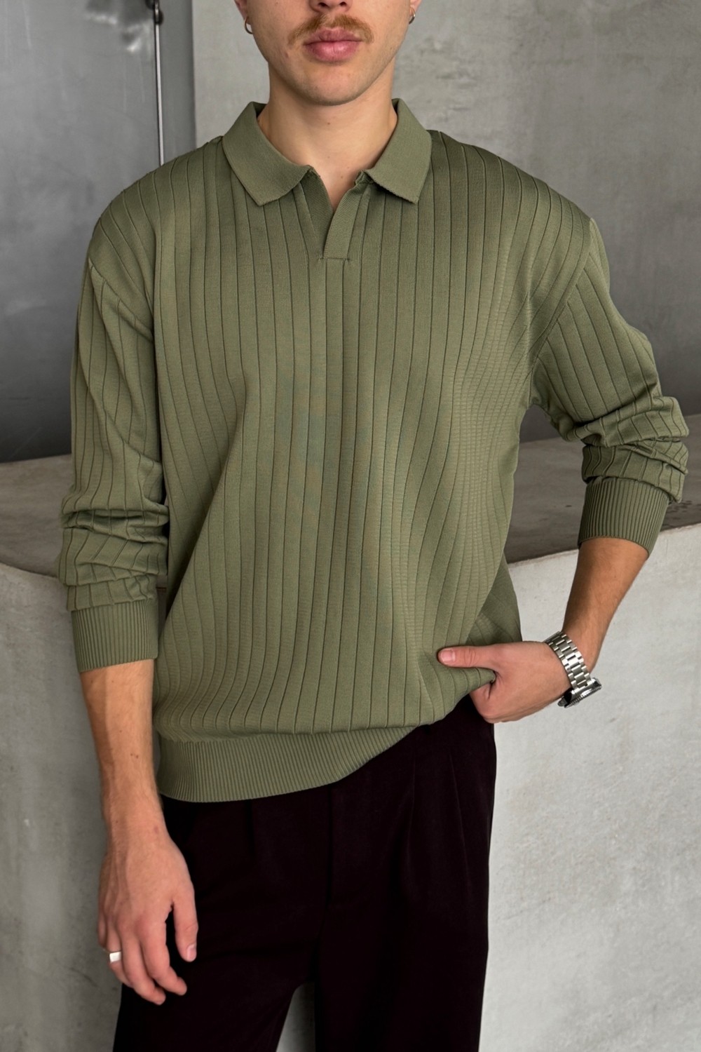 HYMAN Erkek Polo Yaka Fitilli Oversize Triko Kazak