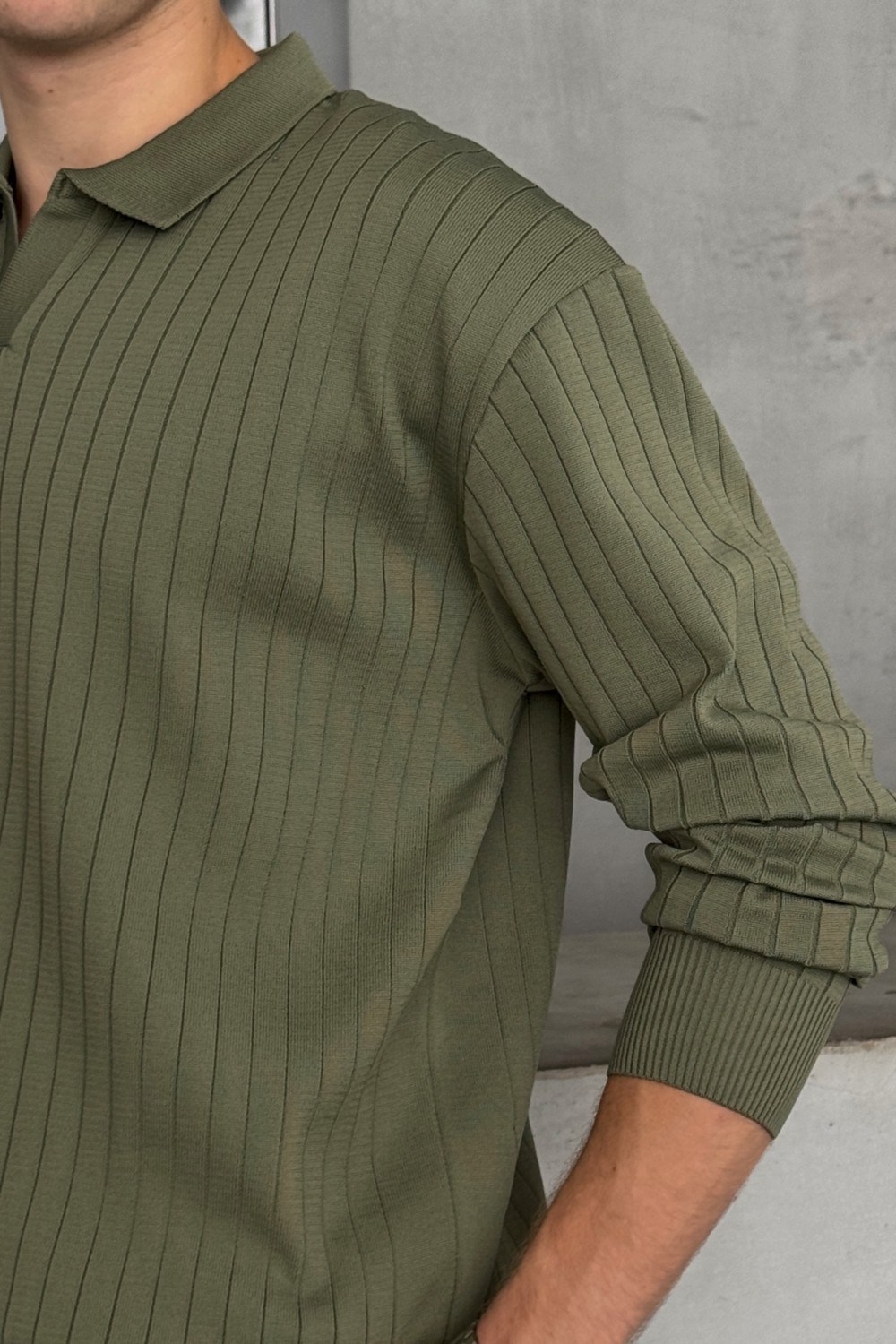 HYMAN Erkek Polo Yaka Fitilli Oversize Triko Kazak görsel 3
