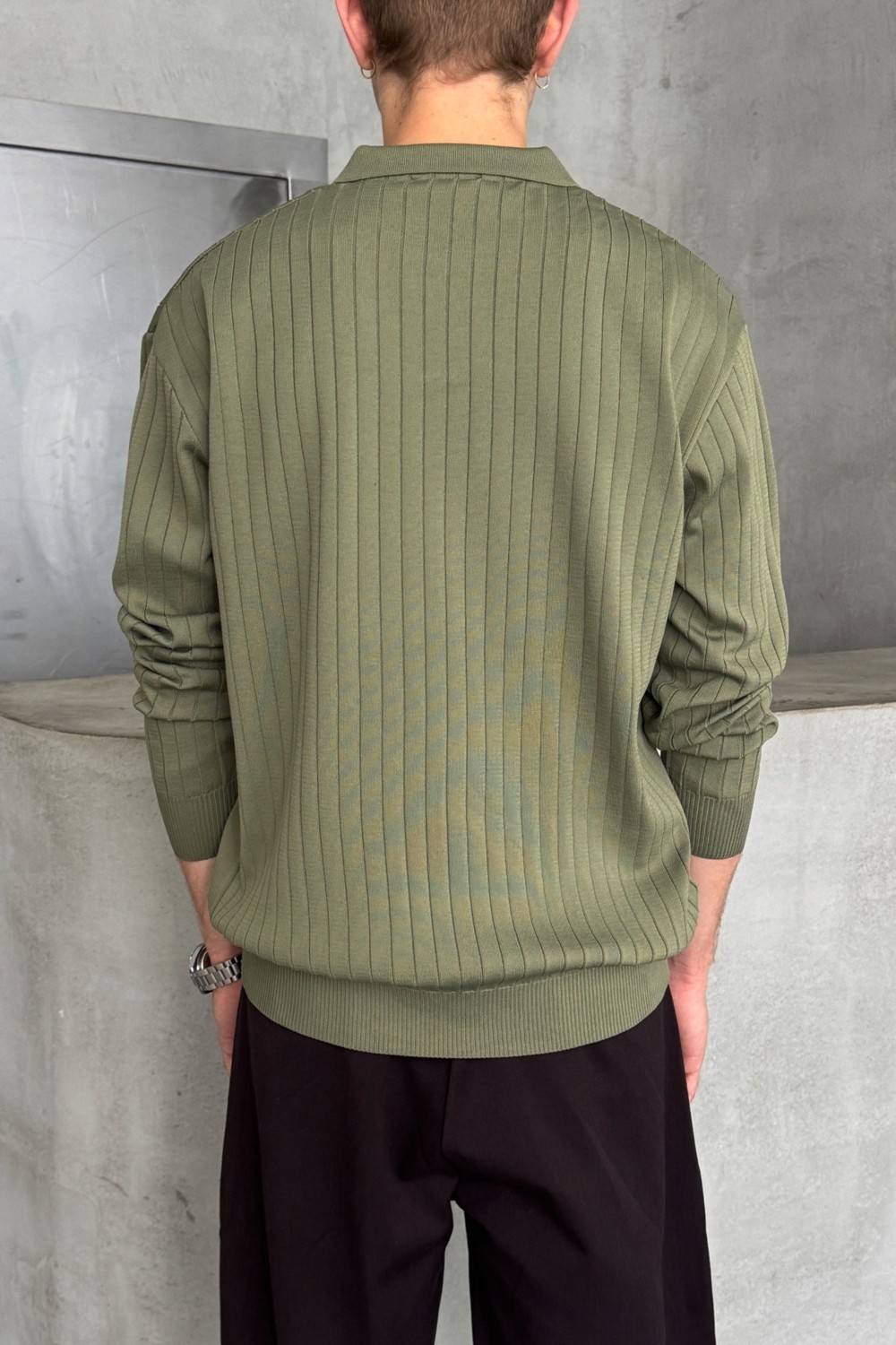 HYMAN Erkek Polo Yaka Fitilli Oversize Triko Kazak görsel 4