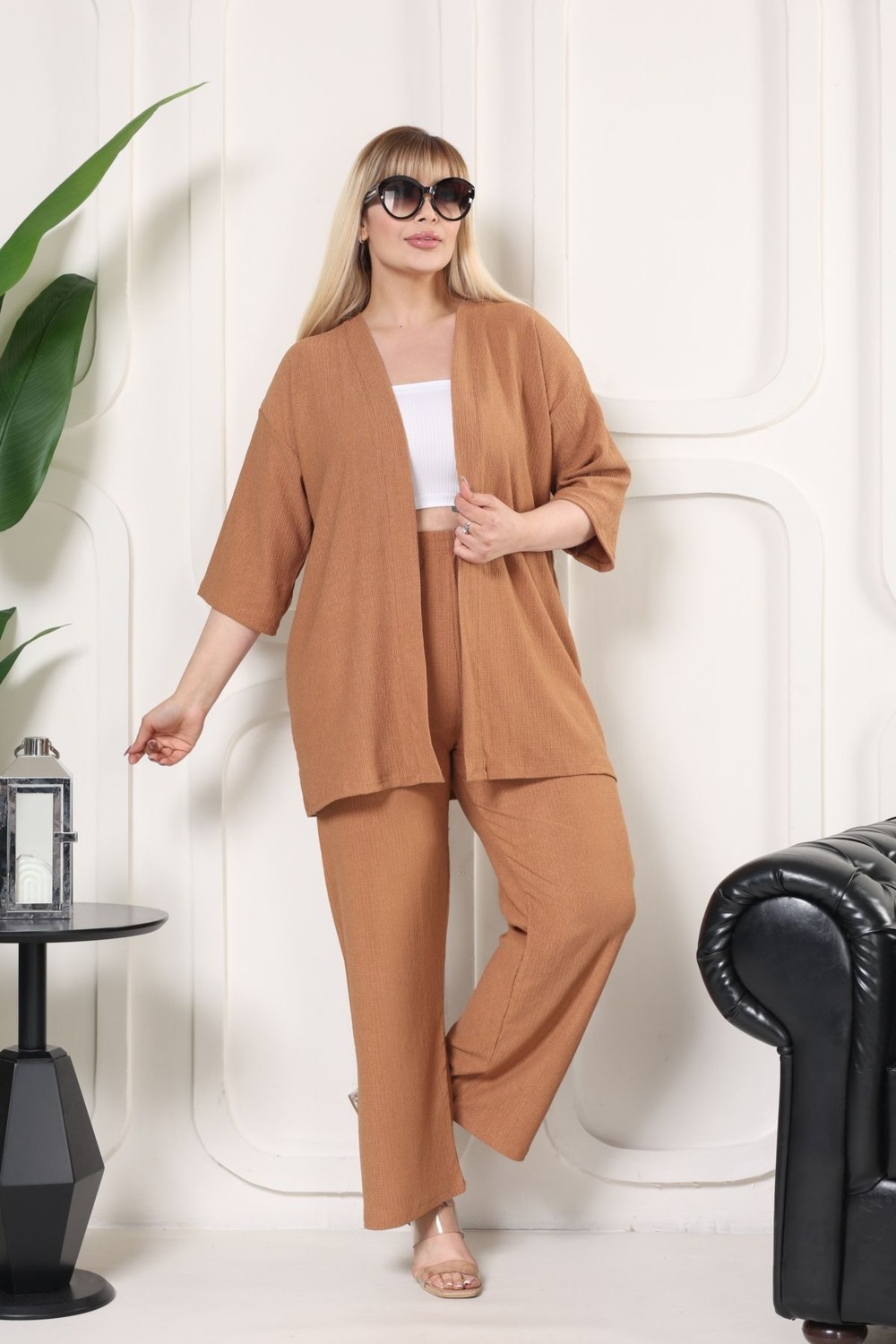 Şuranur Homewear Kimono Hırkalı 2li Alt Üst Takım Camel Renkli Günlük Kullanım İçin Oversize Şıklık ve Konfor