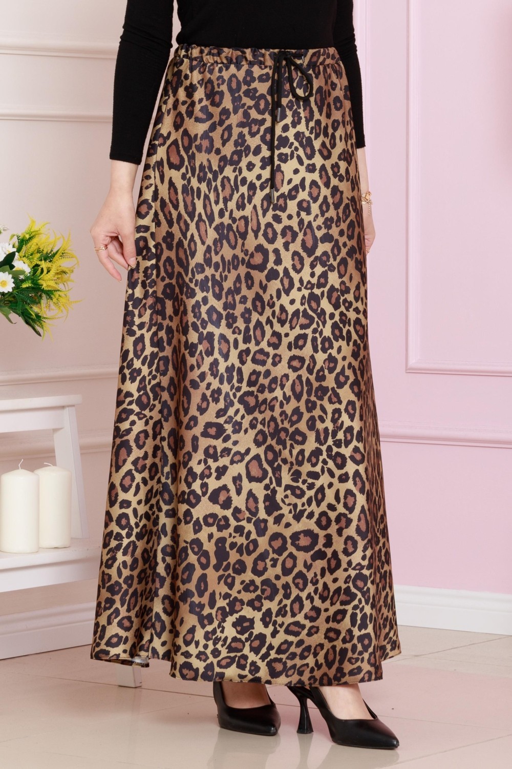 Sevitli Beli Bağcıklı Leopar Desenli Etek-Hardal görsel 6