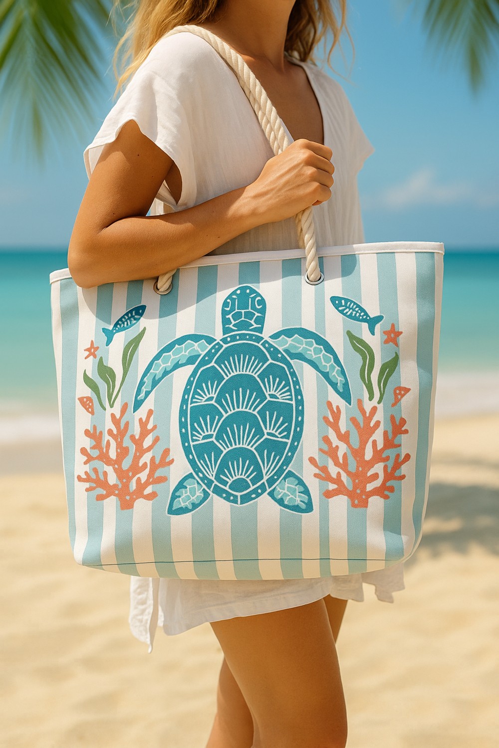 HomyJR's Caretta Caretta Desenli Büyük Boy Piknik ve Plaj Çantası, Halat Saplı, 55X36X15 cm