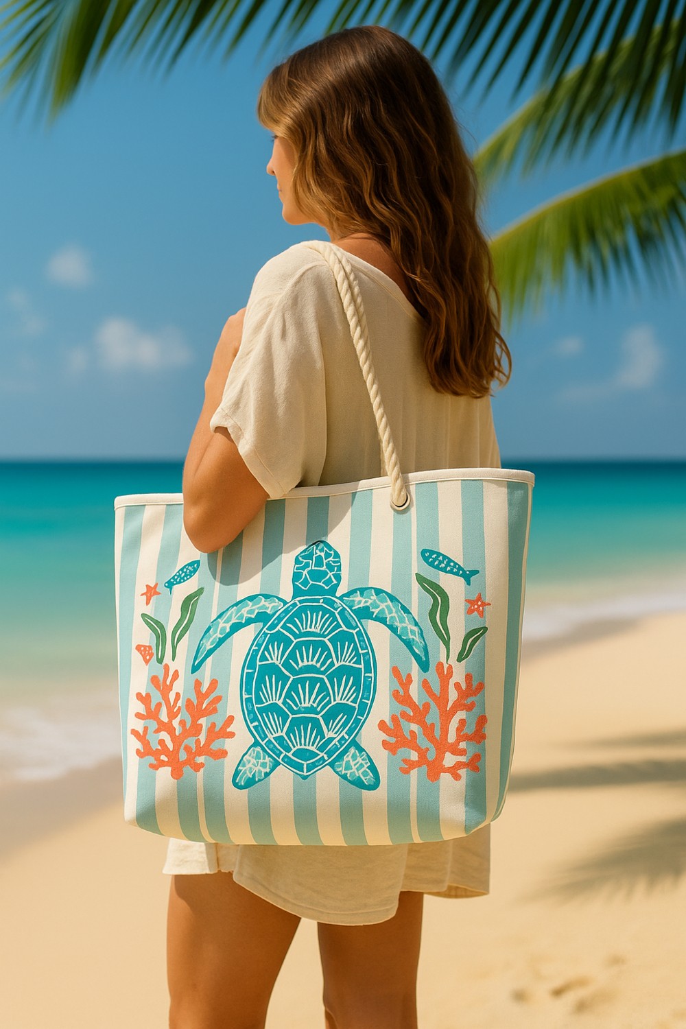 HomyJR's Caretta Caretta Desenli Büyük Boy Piknik ve Plaj Çantası, Halat Saplı, 55X36X15 cm görsel 2