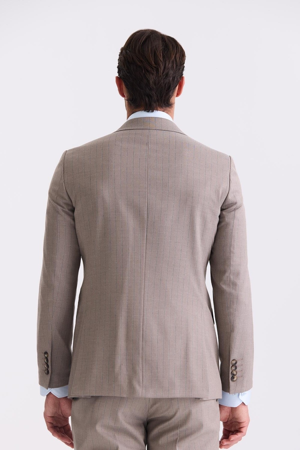 Jakamen Bej Slim Fit Sivri Yaka Çizgili Kruvaze Takım Elbise görsel 4