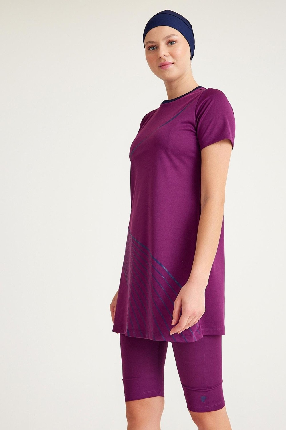 Plistre 2154_Baskılı Yarı Kapalı 3'lü Tesettür Mayo %100 Polyester Lacivert Renkli Desenli görsel 2