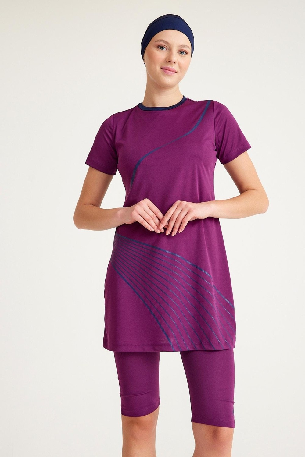 Plistre 2154_Baskılı Yarı Kapalı 3'lü Tesettür Mayo %100 Polyester Lacivert Renkli Desenli görsel 4