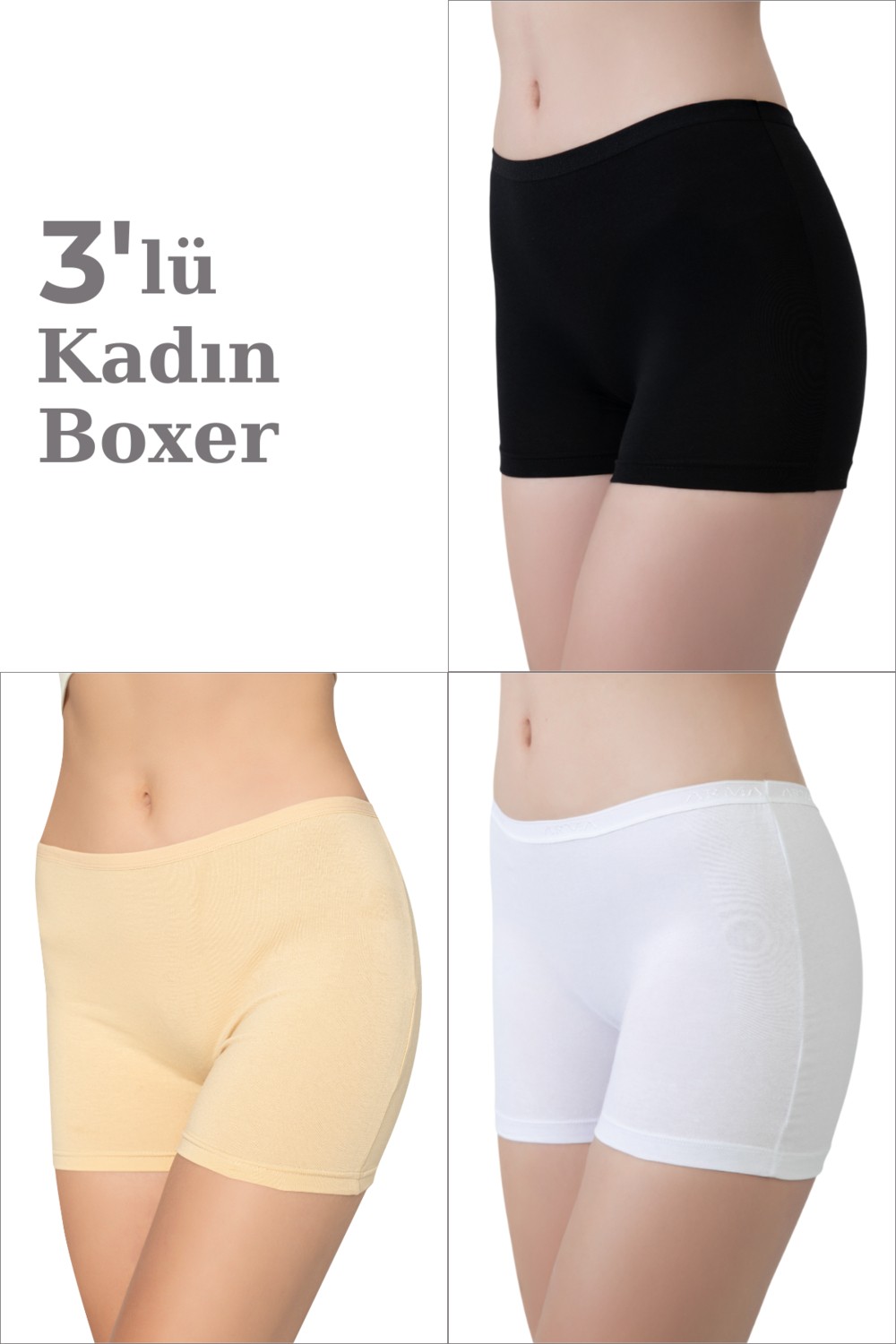 Arma Yıldız 3'lü Paket Kadın Beyaz Boxer Şort Pamuklu Likralı