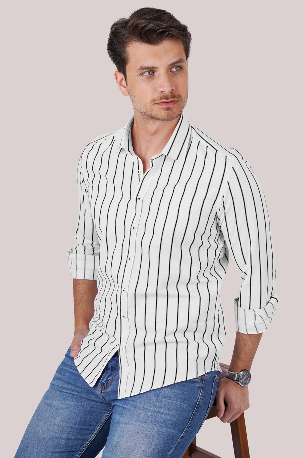 Etikmen Gri Beyaz Çizgili Slimfit Erkek Gömlek görsel 3
