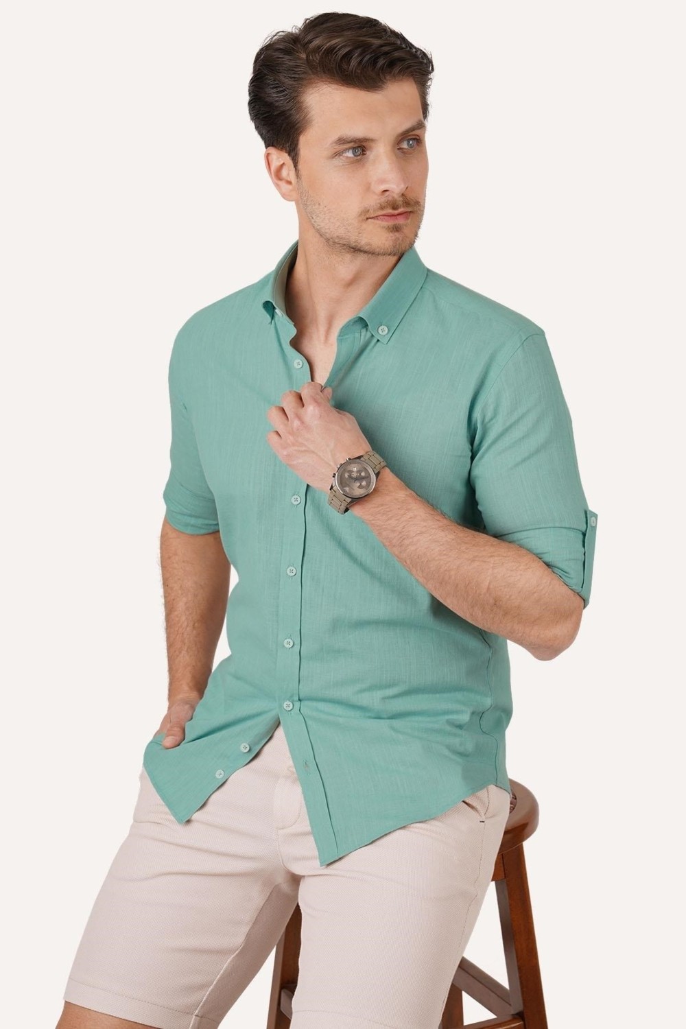 Etikmen Haki Yaka Düğmeli Keten Slimfit Erkek Gömlek görsel 3