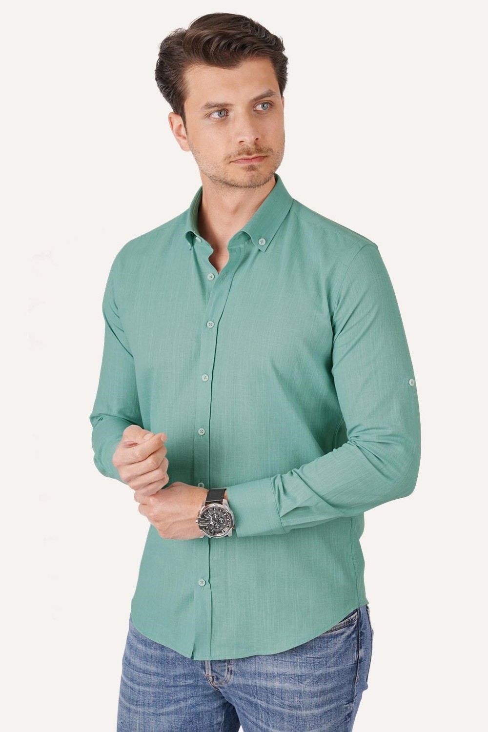 Etikmen Haki Yaka Düğmeli Keten Slimfit Erkek Gömlek görsel 5