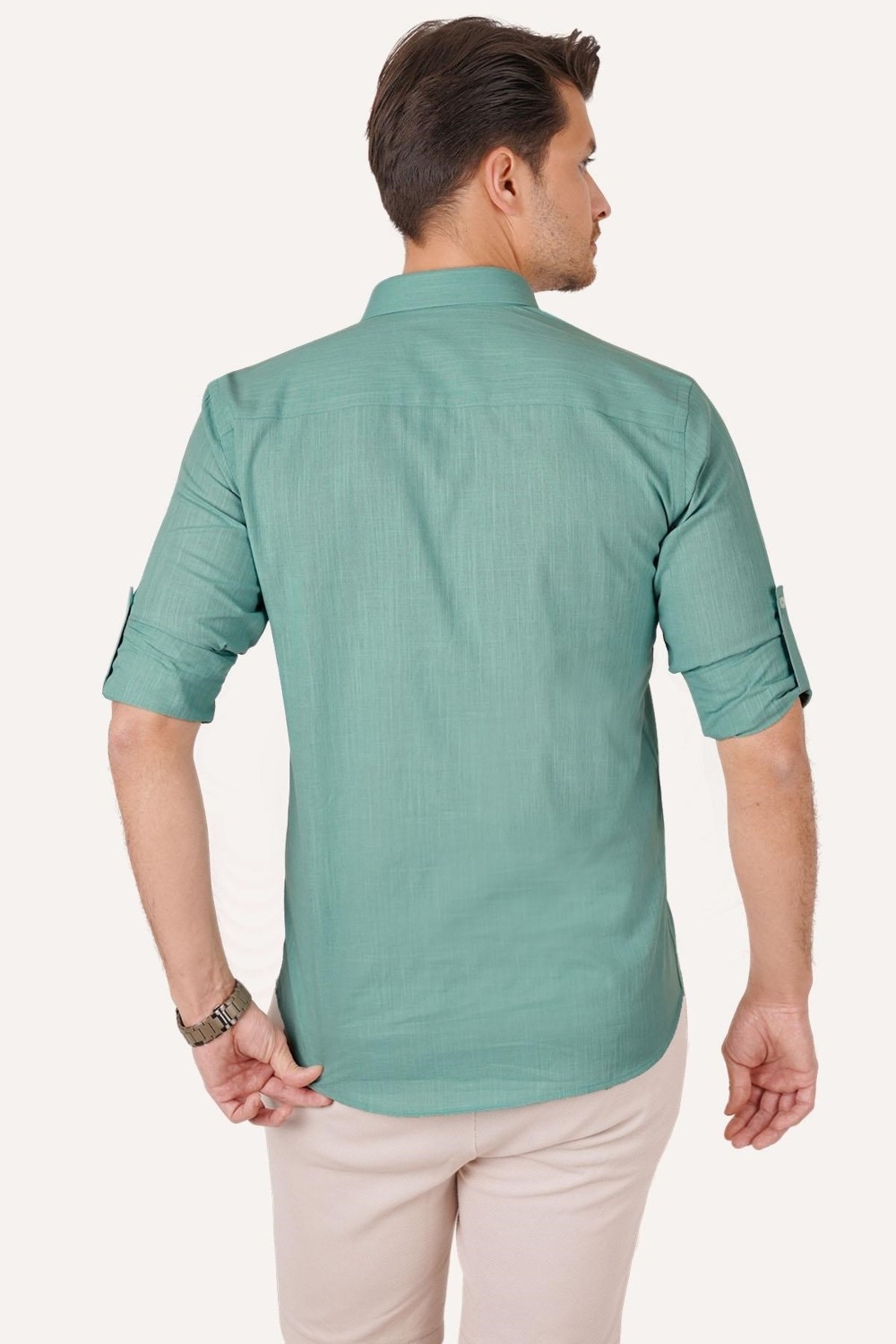 Etikmen Haki Yaka Düğmeli Keten Slimfit Erkek Gömlek görsel 7