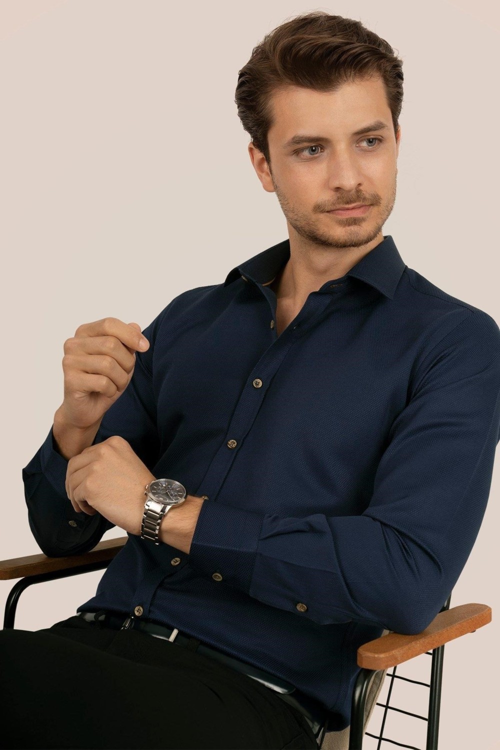 Etikmen indigo Kahve Düğmeli Slimfit Erkek Gömlek görsel 2