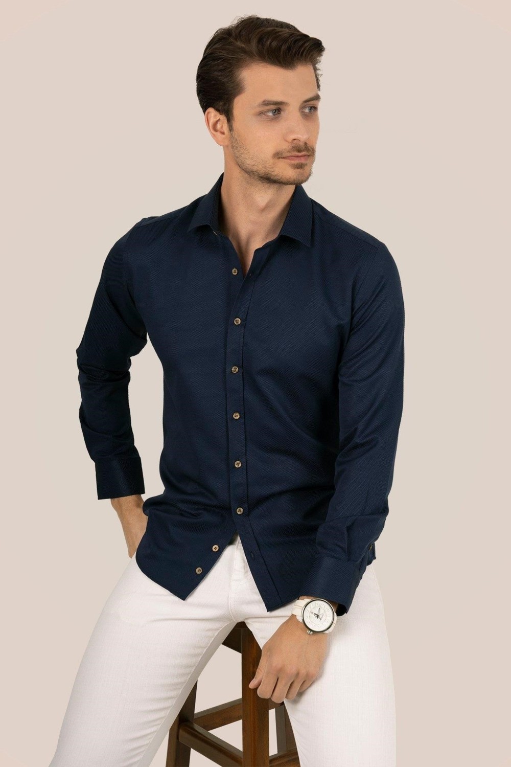 Etikmen indigo Kahve Düğmeli Slimfit Erkek Gömlek görsel 3