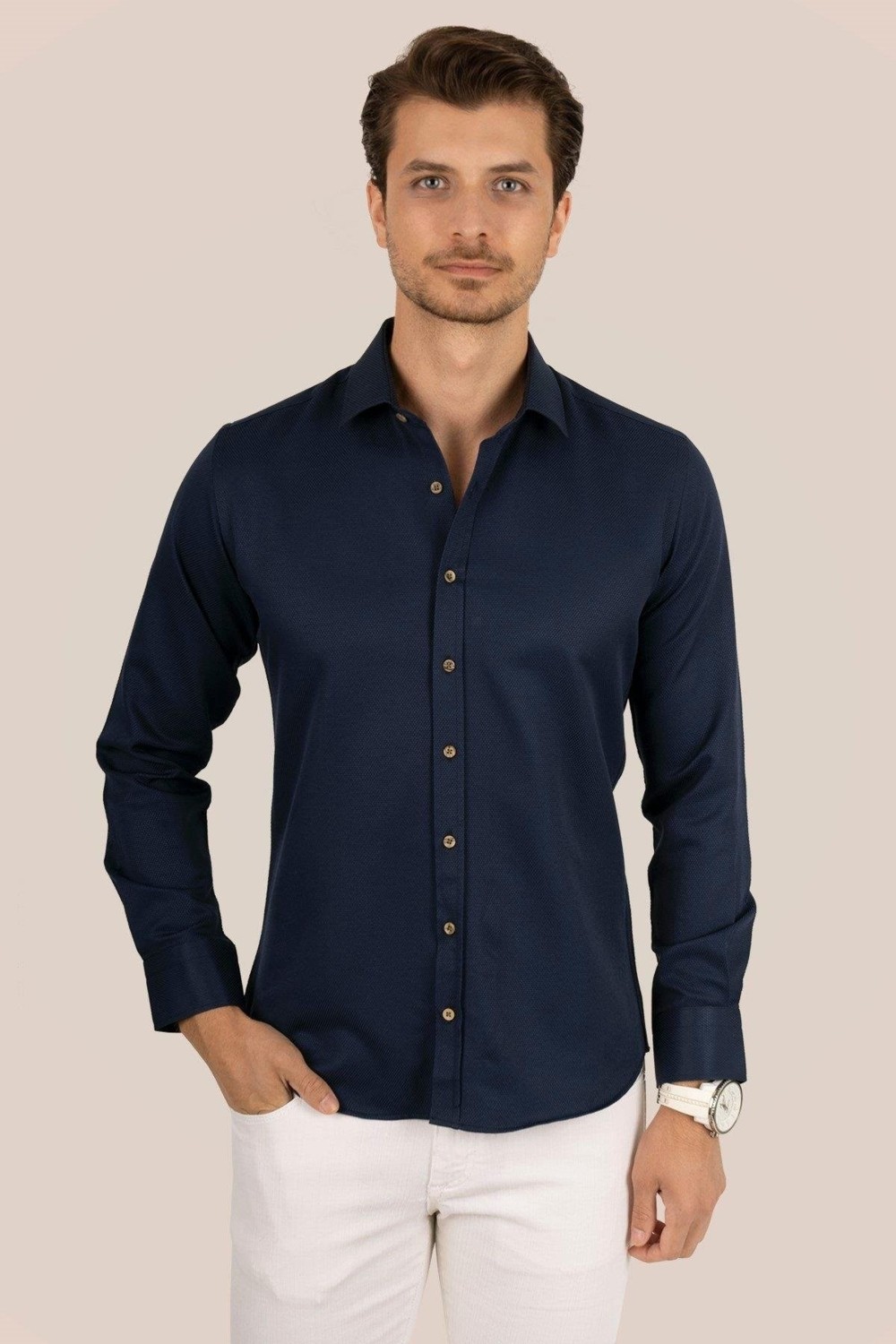 Etikmen indigo Kahve Düğmeli Slimfit Erkek Gömlek görsel 5