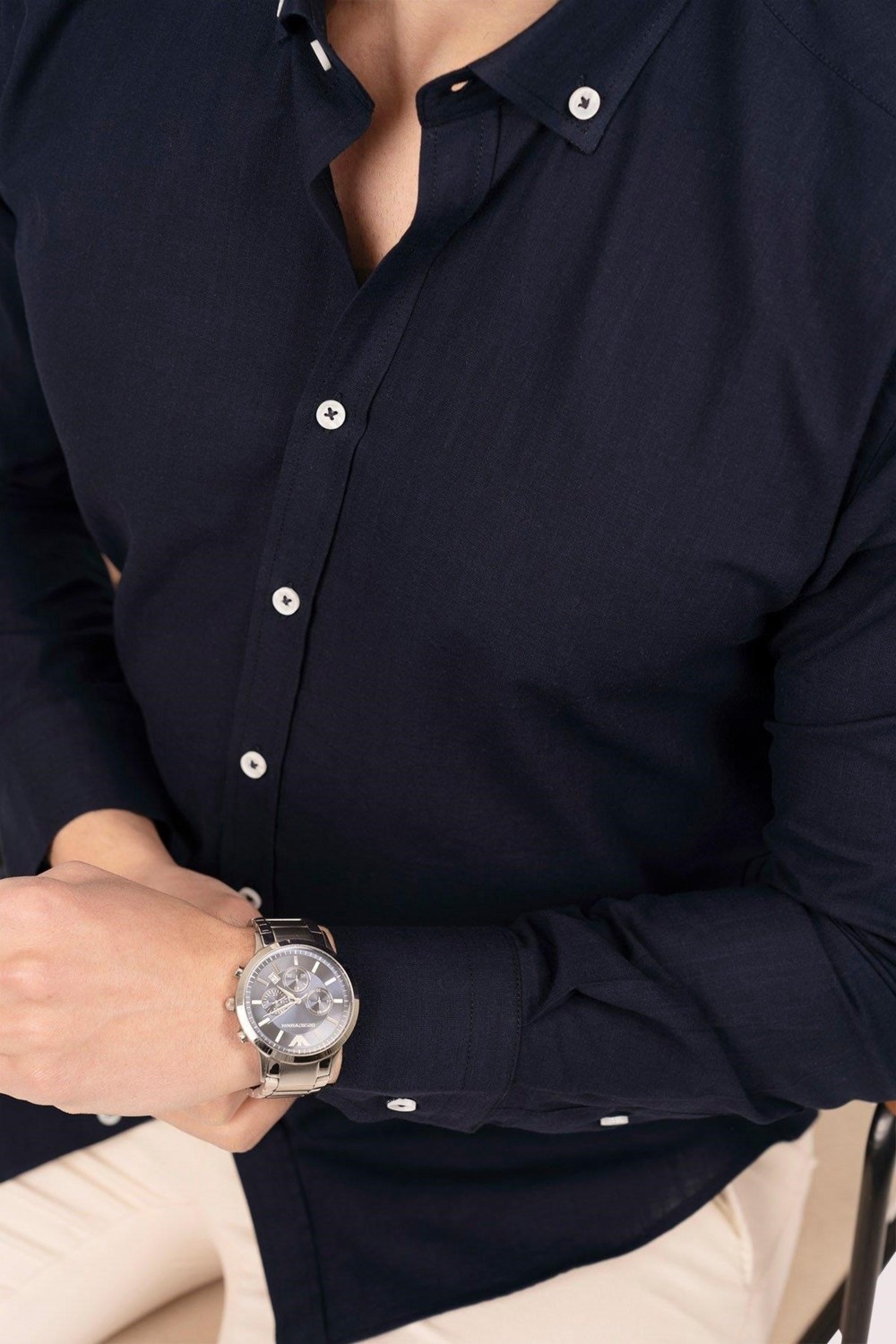 Etikmen Haki Yaka Düğmeli Keten Slimfit Erkek Gömlek
