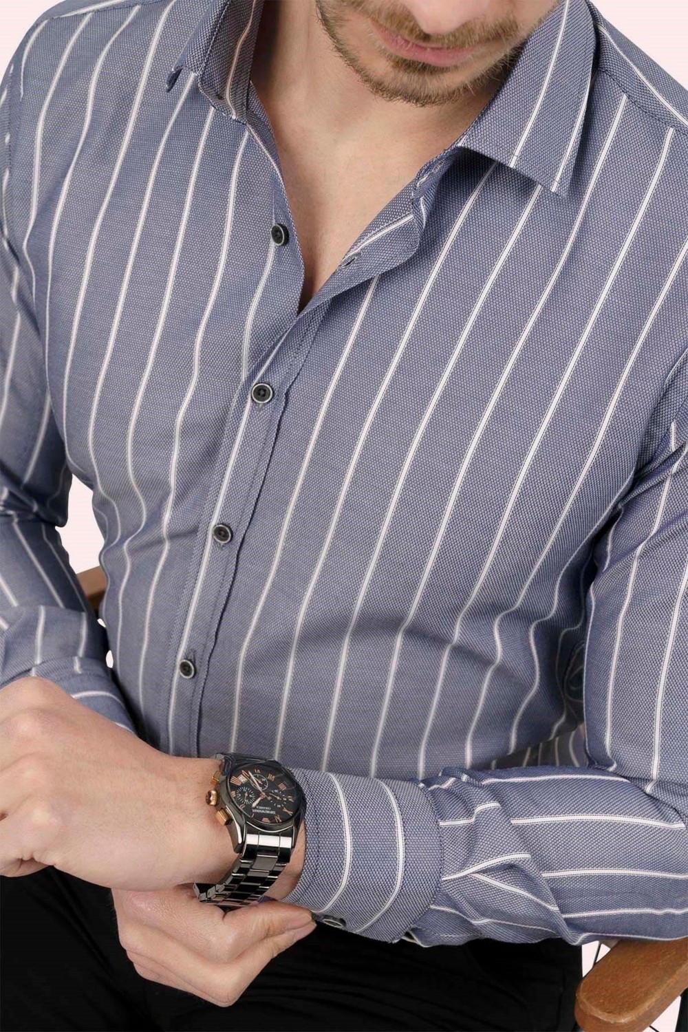 Etikmen Gri Beyaz Çizgili Slimfit Erkek Gömlek
