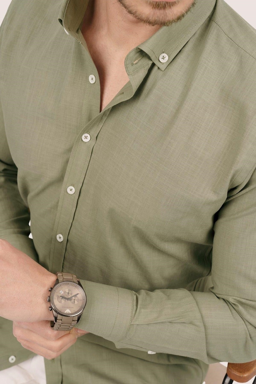 Etikmen Haki Yaka Düğmeli Keten Slimfit Erkek Gömlek
