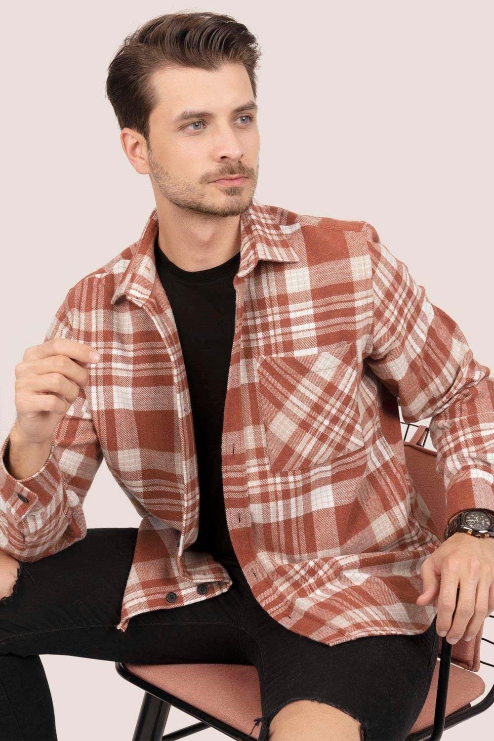 Etikmen Bordo Sarı Çizgili Oversize Oduncu Erkek Gömlek görsel 2